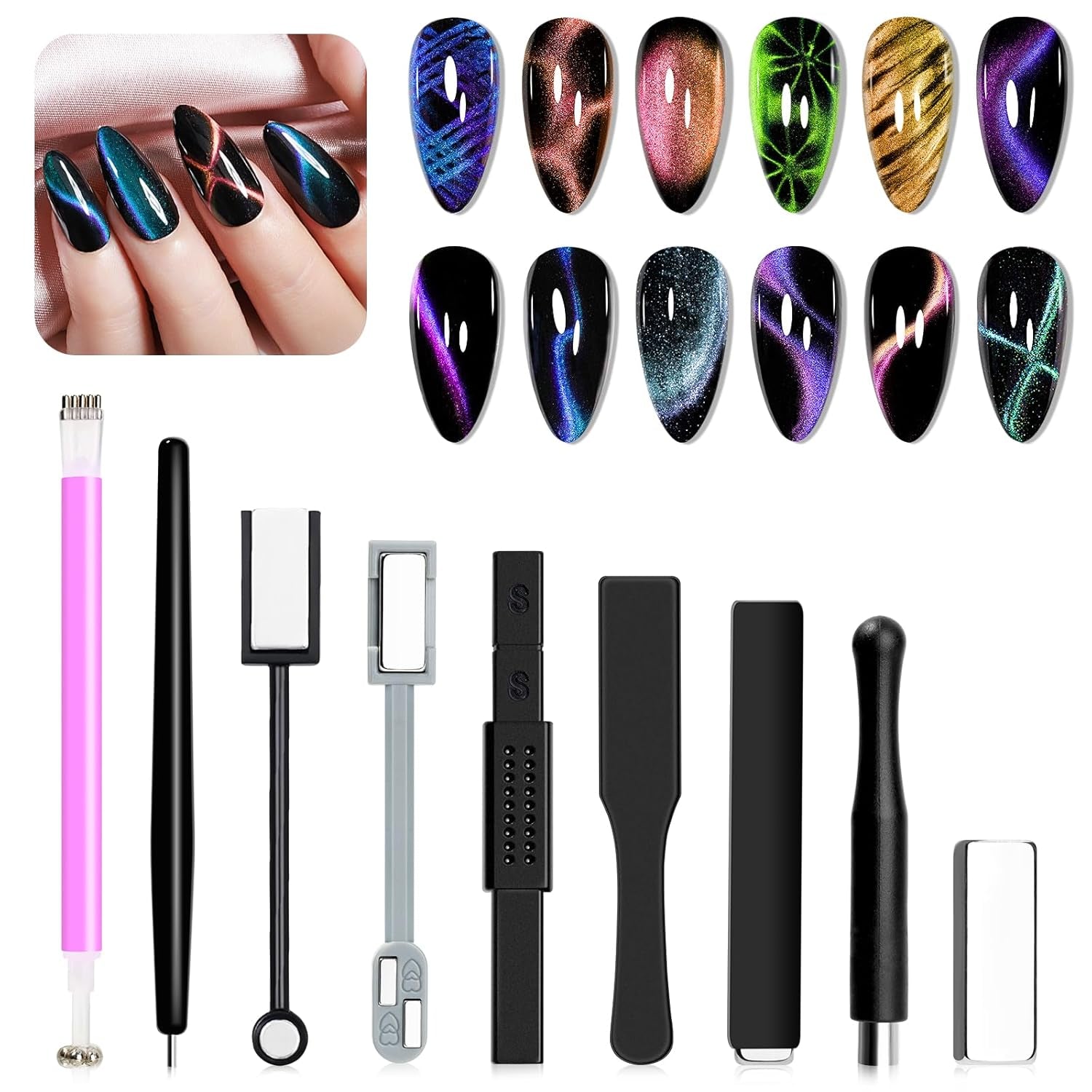 SUPWEE Herramienta de imán de uñas 5 en 1, imán de ojo de gato rosa para uñas multifunción, imán magnético 3D DIY Magic Stick Pen Set Nail Art Magnet Stick para Nail Art Diy-Zubehör