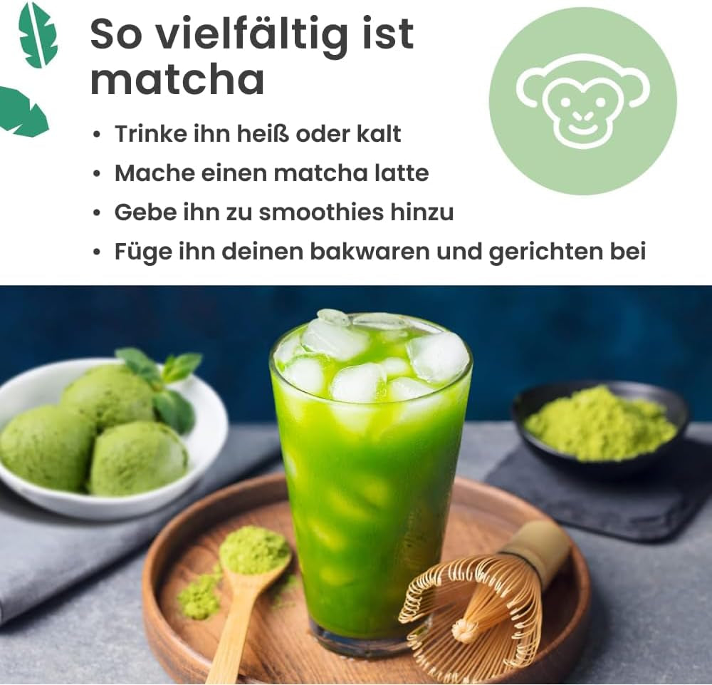 Purechimp Polvo Matcha Grado Ceremonial 50g. Té en polvo 100 % puro cultivado en sombra para cafés con leche, infusiones y recetas. Tarro reciclable. Rico en antioxidantes.