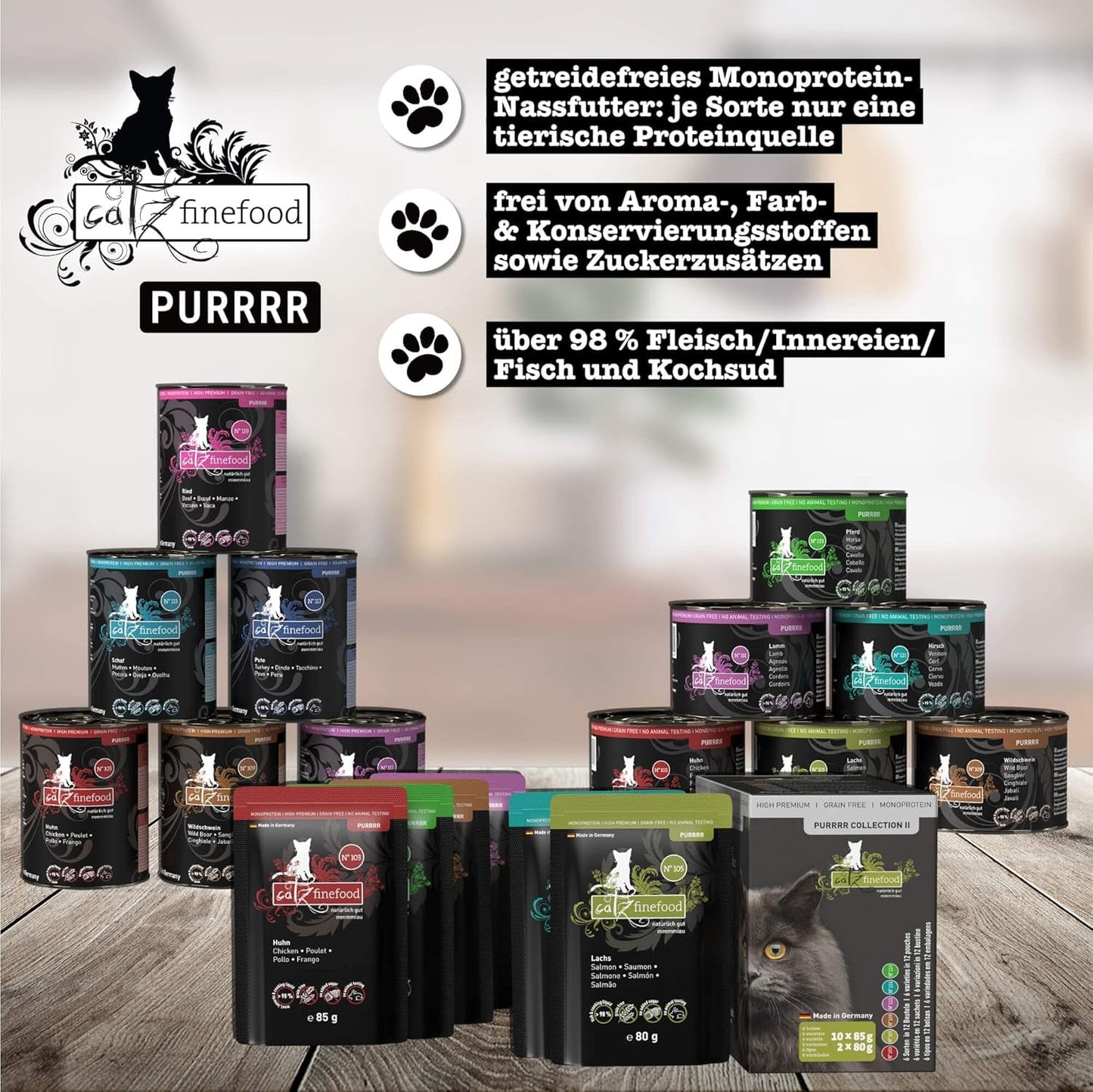 Comida húmeda para gatos Catz Finefood Purrrr con monoproteína y salmón núm. 105, para gatos con digestión sensible, 16 x 80 g