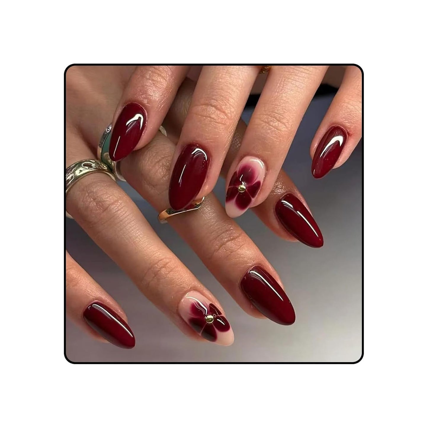 24 flores de color burdeos con armadura de diamantes, prensa en uñas, pegamento en uñas artificiales, juego de puntas de uñas