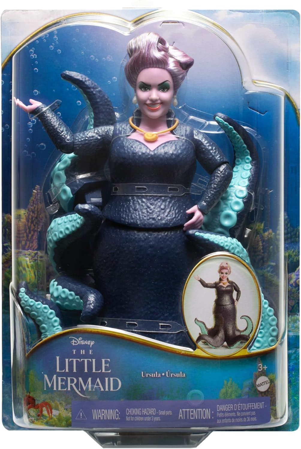 Mattel DISNEY Ariel La Sirenita - Úrsula con tentáculos, collar desmontable y moño de lavanda para una diversión sin fin, adecuada para niños de 3 años en adelante, HLX12