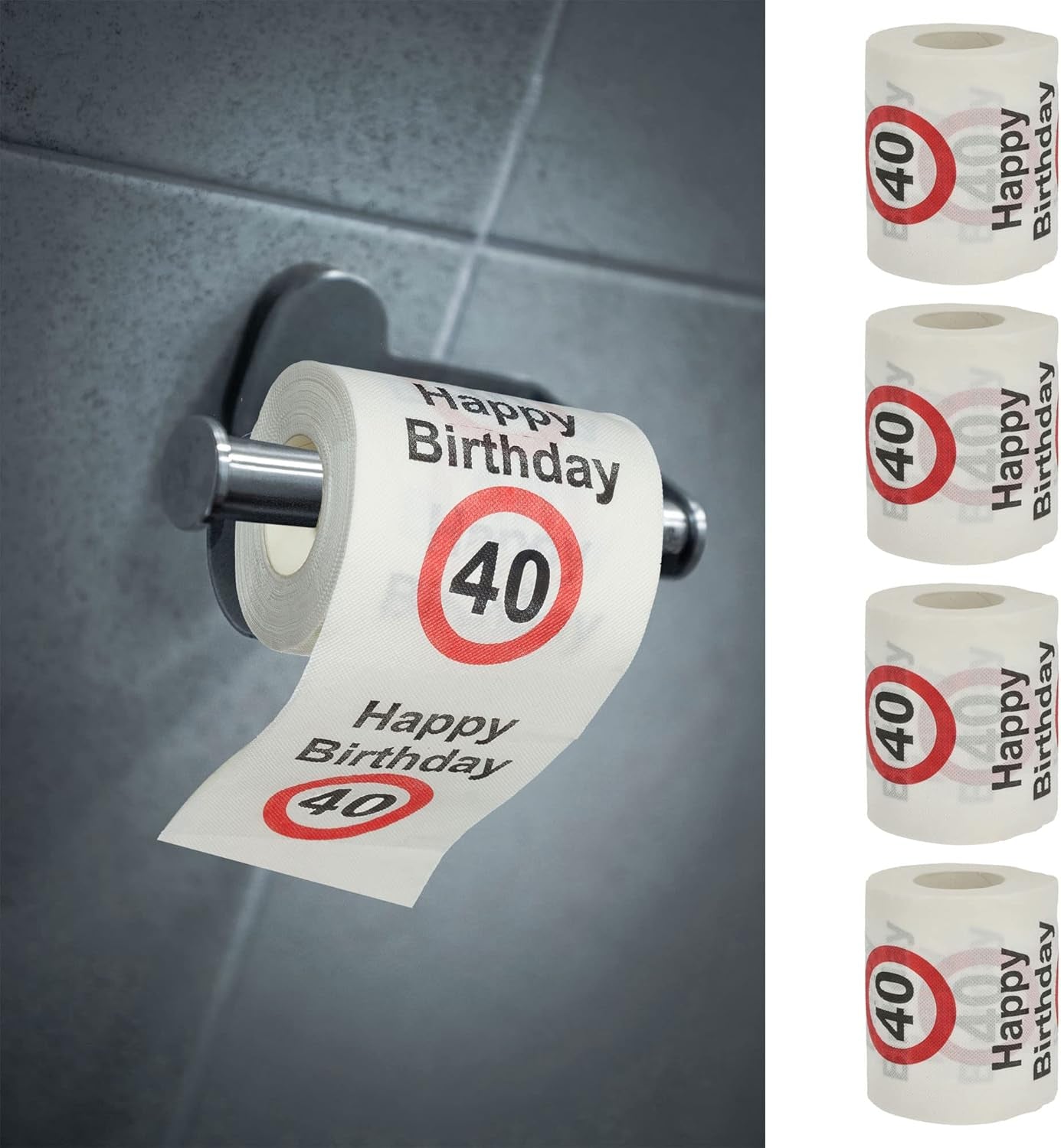Juego de 4 papeles higiénicos "Feliz 40 cumpleaños" │40 cumpleaños 24 metros 2-telas 180Gr/Qm │ Papel higiénico con motivo de papel higiénico (4 X papel higiénico 40)