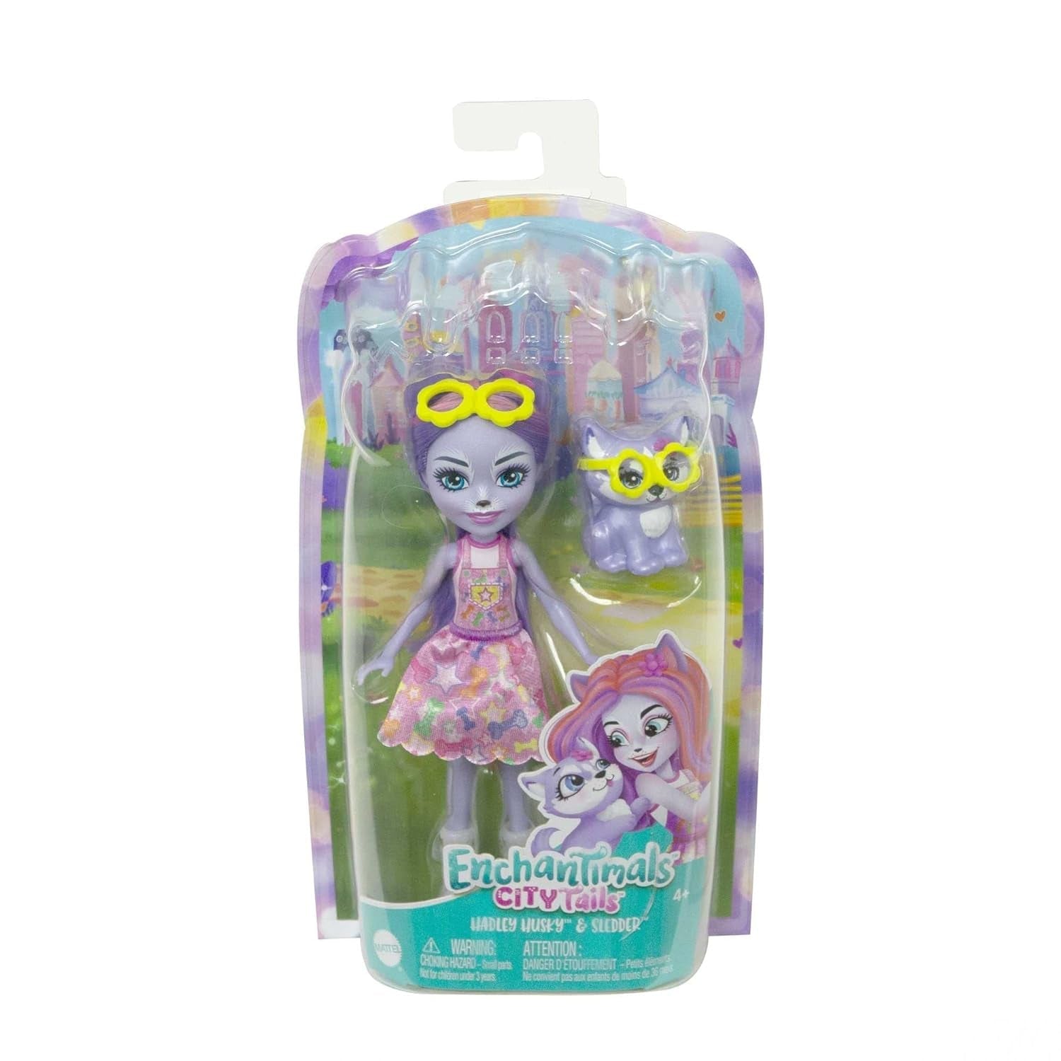 Enchantimals HHB90 - Muñeca Hadley Husky (Aprox.15 cm) y figura de animal de perro de trineo, muñeca pequeña con falda desmontable y accesorios, gran regalo para niños a partir de 4 años
