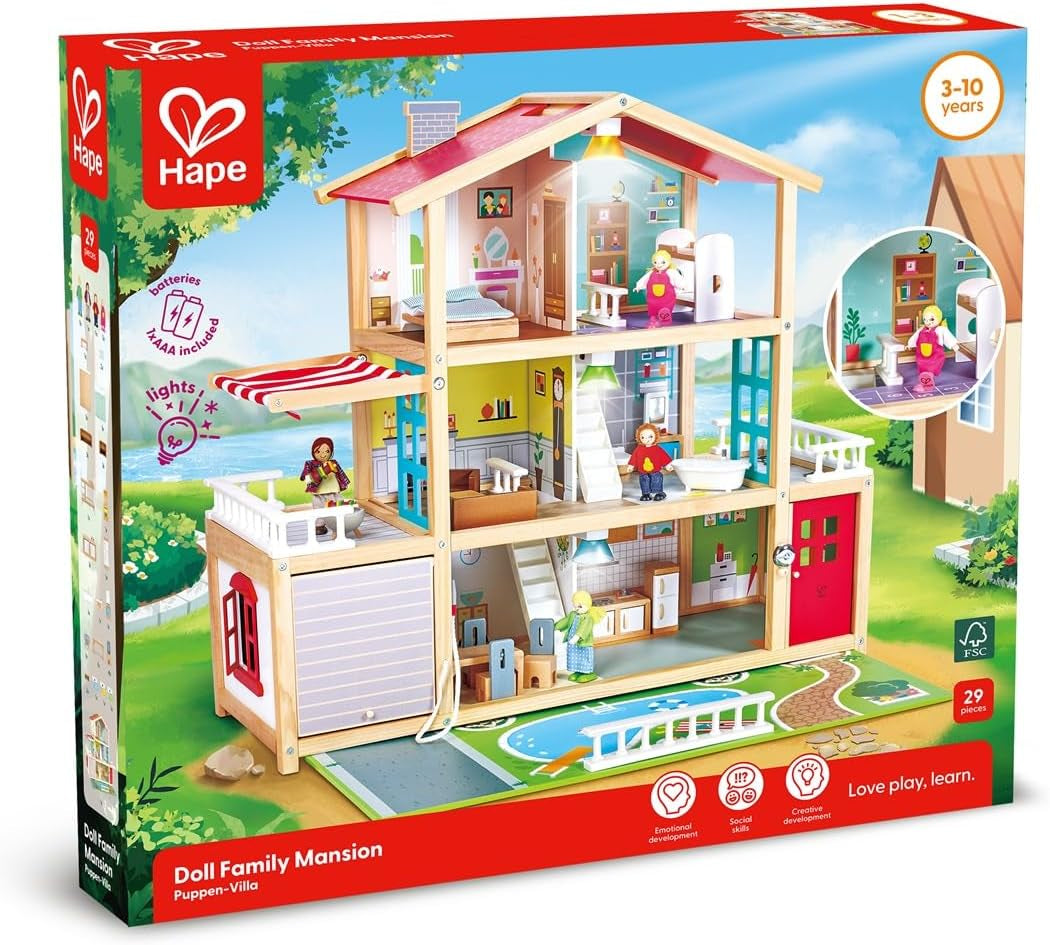 Hape Doll's Villa Casa de muñecas de madera de 10 habitaciones Juego de rol creativo que incluye muebles y accesorios Juguete educativo para edades de 3 años en adelante