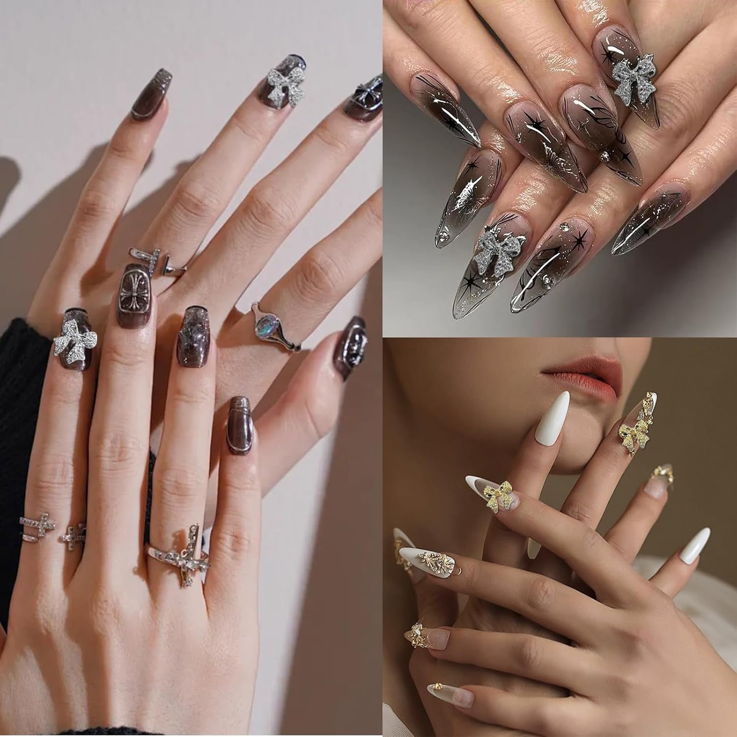 30 lazos de metal para uñas, lazos dorados, plateados y grises, accesorios para uñas, decoraciones de uñas para mujeres y niñas, diseño de uñas