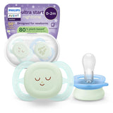 Philips AVENT Chupete nocturno Ultra Start, Chupete ortodóntico para recién nacidos, Brilla en la oscuridad, Sin BPA, con contenedor de esterilización, Paquete doble, Luna, Estrella, SCF075/07