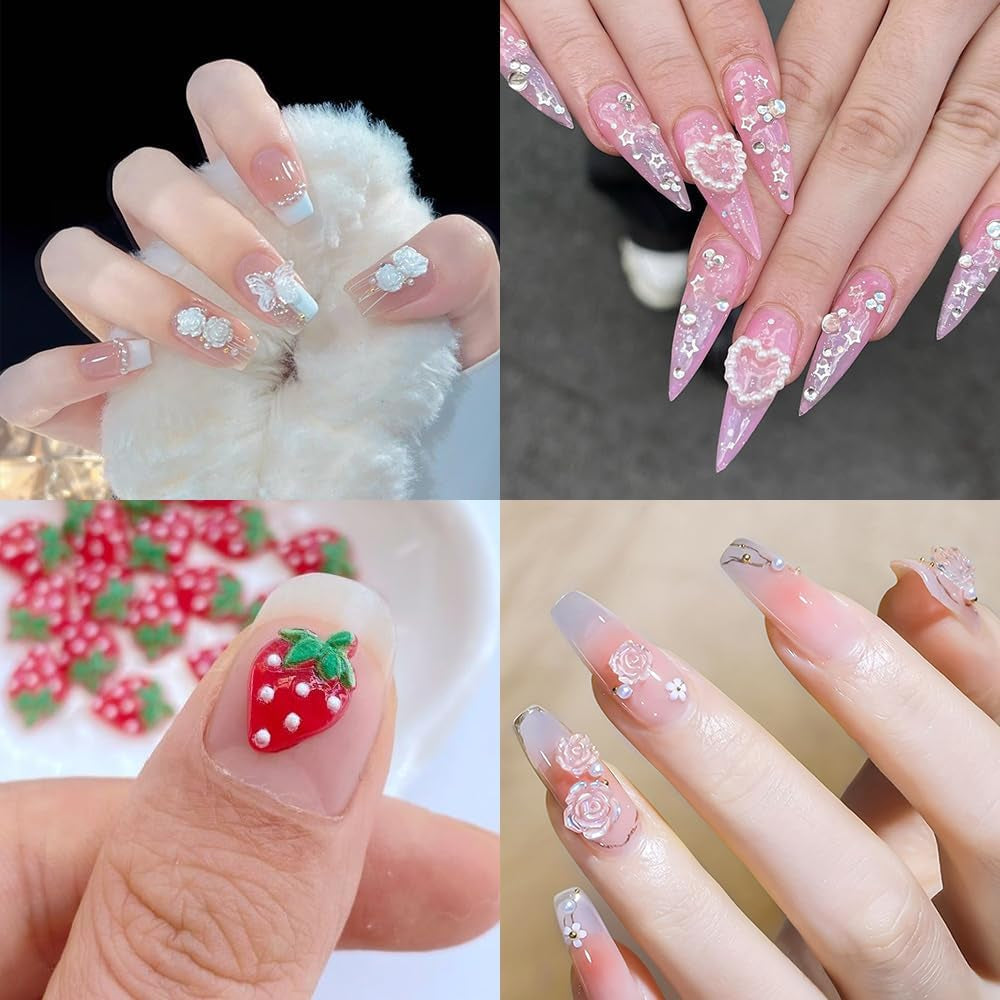 100 Uds. Dijes de uñas 3D Rosa Rot Kirsche Erdbeere Blume Nagel Charms Kamelie Rose Schmetterling Nail Art Charms Flatback Herz Schleife Charms Nägel Zubehör Mond Stern Nagelschmuck Nageldesign Anhänger