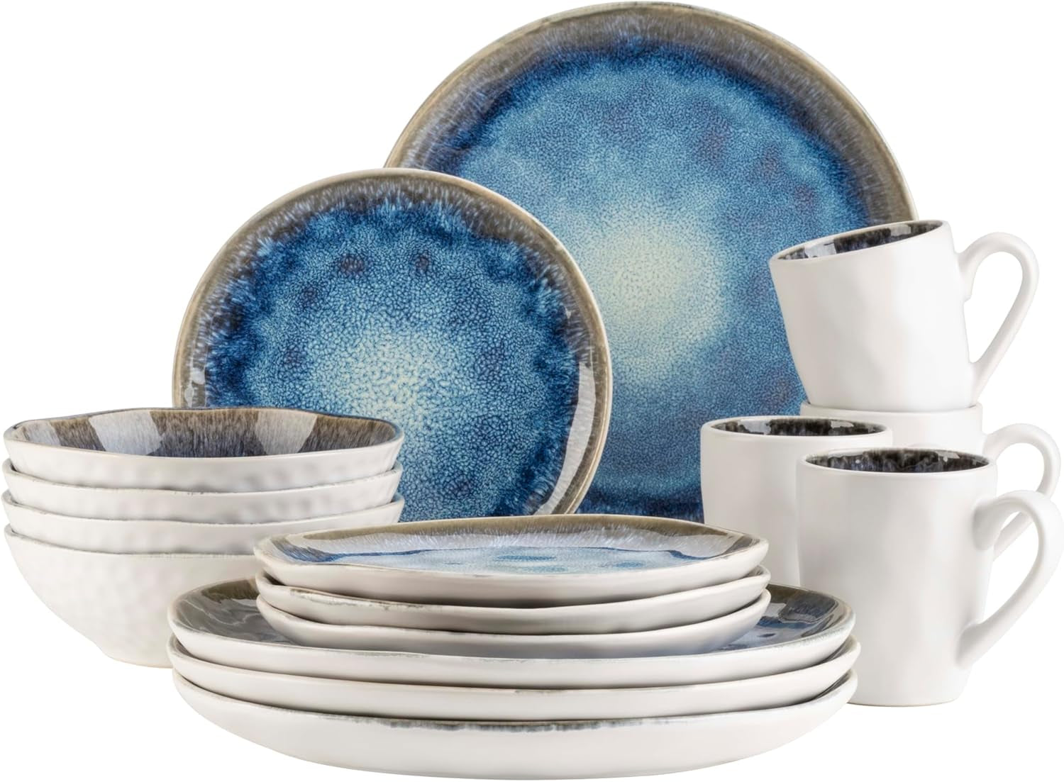 MÄSER 934092 Serie Frozen, Vajilla de Cerámica para 4, Servicio Combinado de 16 Piezas con Formas Orgánicas, Servicio Teñido Azul, Gres, Azul Oscuro