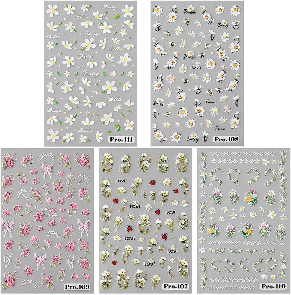 5 uds Geprägte Gänseblümchen Nagelsticker Selbstklebend Blumen Nagelaufkleber Gänseblümchen Schmetterling Nagel Sticker Nageldesign Aufkleber Nägel Zubehör Blume Nail Sticker Flower Nail Art Stickers