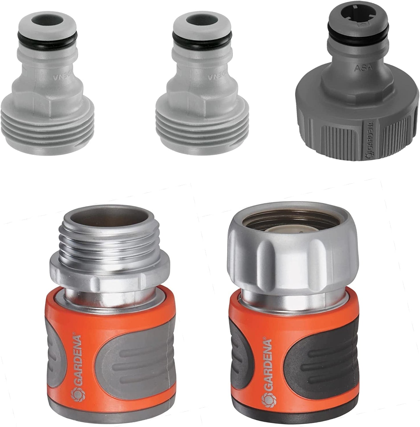 Gardena 39042-M Kit básico de acoplamiento rápido de metal para mangueras de jardín, acoplamientos rápidos y accesorios en segundos, 4 piezas, incluye adaptadores a prueba de fugas para enchufe y enchufe