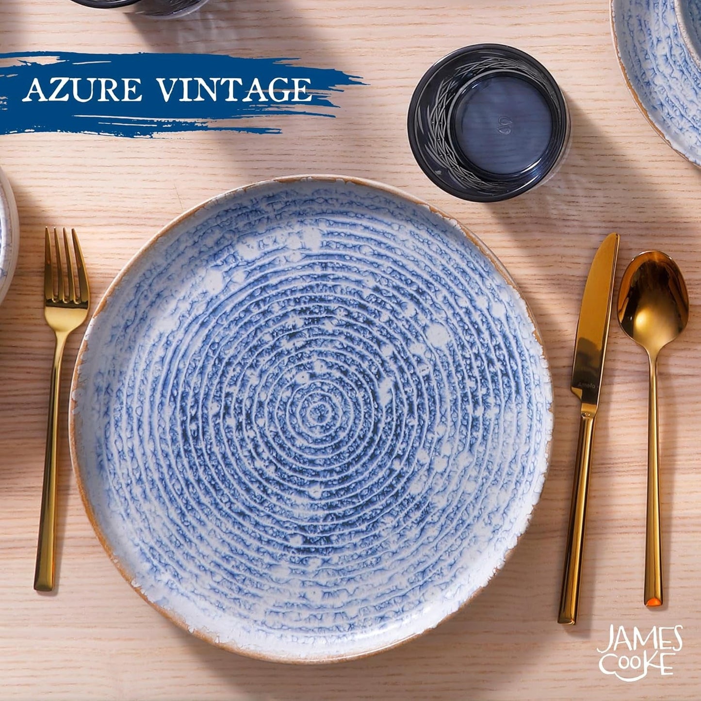 Juego de vajilla de gres vintage Azure para 6 - 24 piezas - Rayas blancas y azules, superficie en relieve - Apto para lavavajillas, horno y microondas