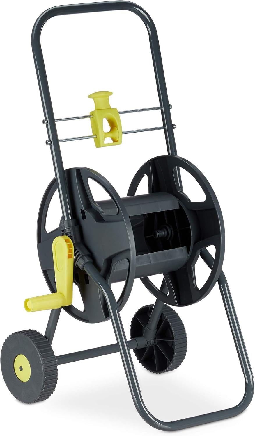 Relaxdays Carro portamangueras 45m, enrollador de mangueras móvil para jardín y balcón, con guía de manguera, 76,5x44x41 cm, gris-amarillo