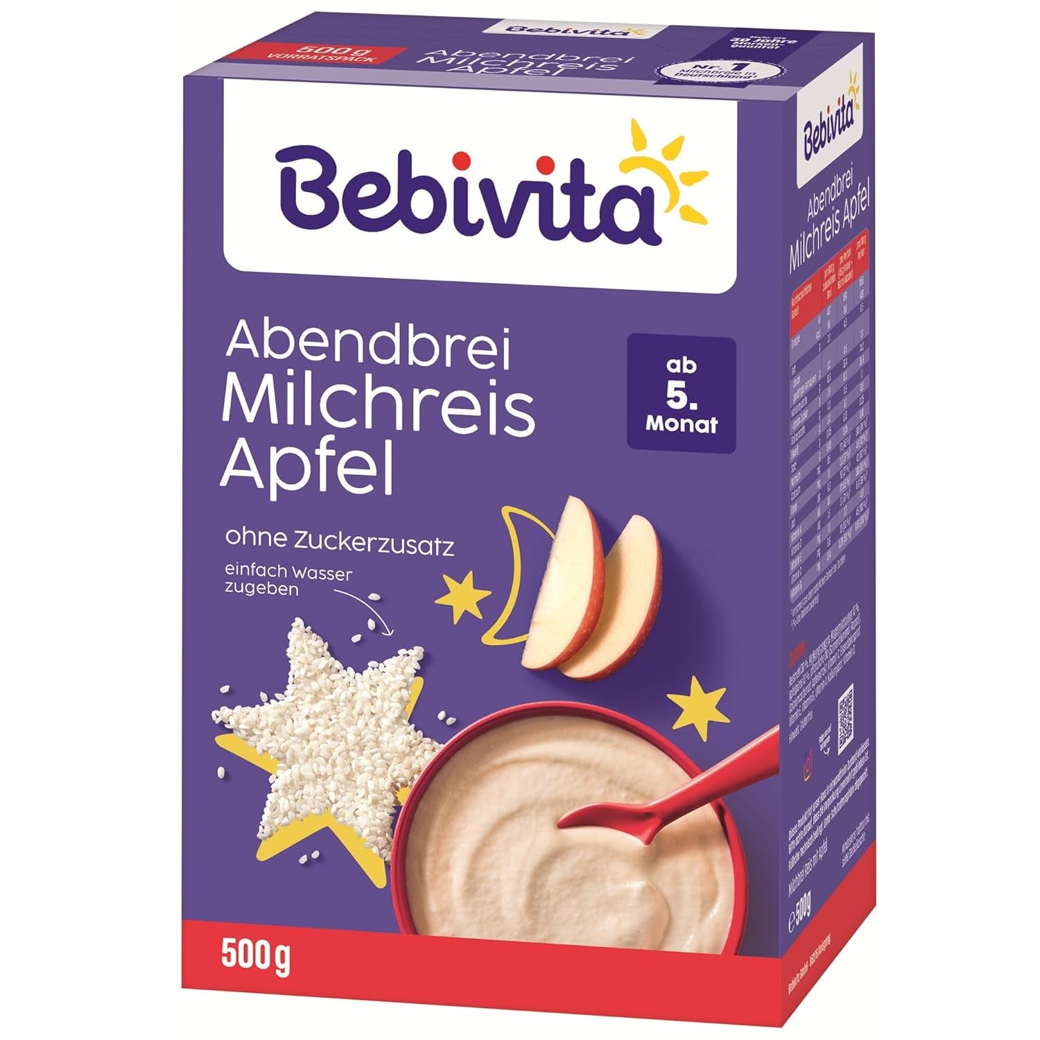 Arroz con leche con manzanas y papilla de noche (4x500 g), papilla de leche a partir de 5 meses, con valiosos minerales y vitaminas, sin azúcares añadidos, muy saciante