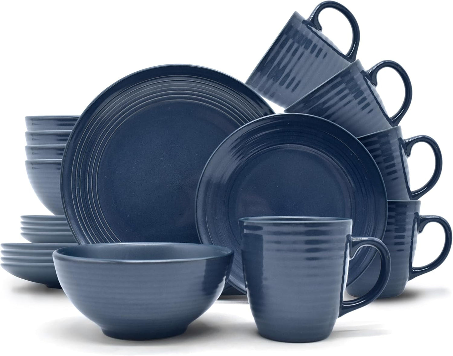 ECHTWERK "Alicia" Vajilla combinada vintage de 16 piezas, diseño moderno para 4 personas, elegante vajilla de gres azul oscuro con 4 platos, 4 guarniciones, 4 cuencos, 4 tazas de té