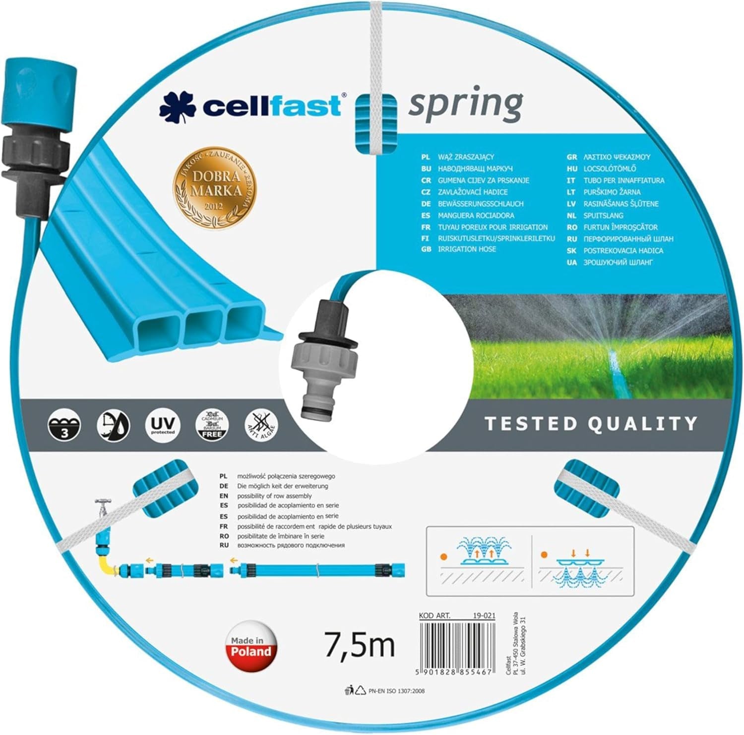 Cellfast SPRING Manguera de Riego, Manguera de Riego de Tres Canales con Conectores Completos, Hecha de Alambre de Alta Calidad, Resistente a los Rayos UV, 15m, 1/2 Pulgada, 19-022, Multicolor, 38x38x8cm