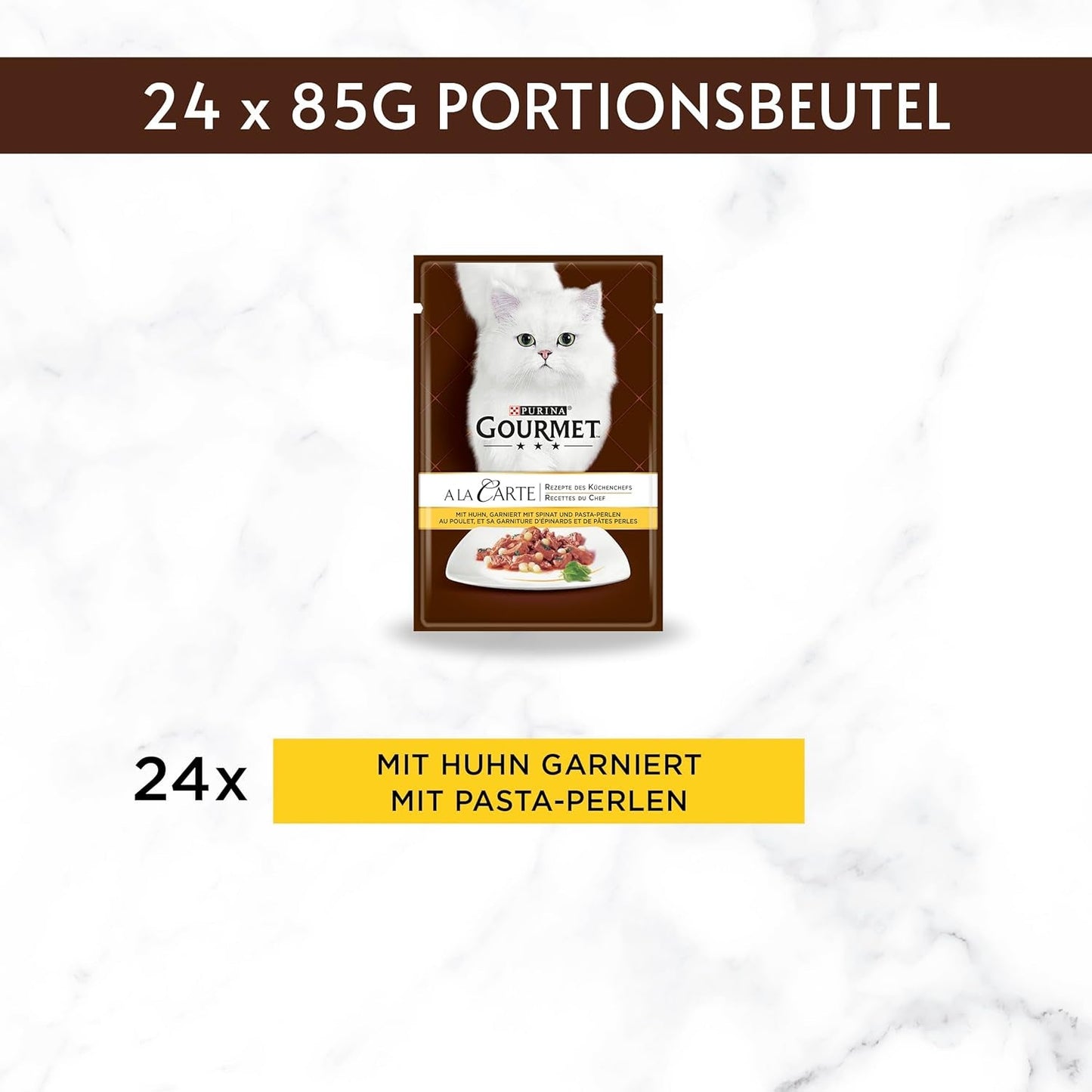 Comida húmeda para gatos Gourmet a la carta con pollo, espinacas y perlas de pasta, paquete de 26 (26 x 85 g)