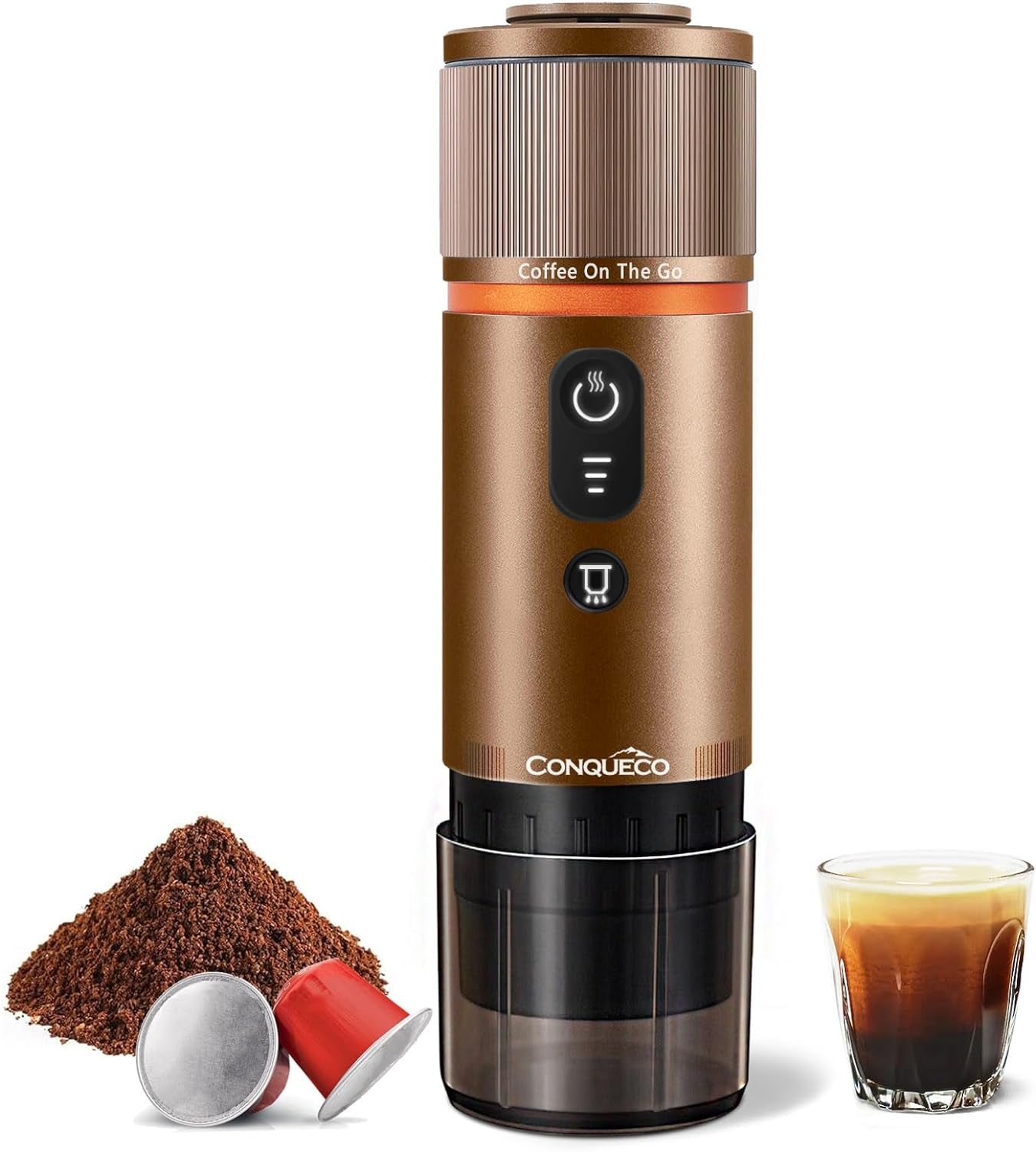 CONQUECO Máquina de espresso para coche de 12 V: Máquina de espresso portátil con batería para acampar y viajar - Calentamiento rápido en 2,5 minutos - 8 tazas de espresso en una sola carga