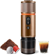 CONQUECO Máquina de espresso para coche de 12 V: Máquina de espresso portátil con batería para acampar y viajar - Calentamiento rápido en 2,5 minutos - 8 tazas de espresso en una sola carga