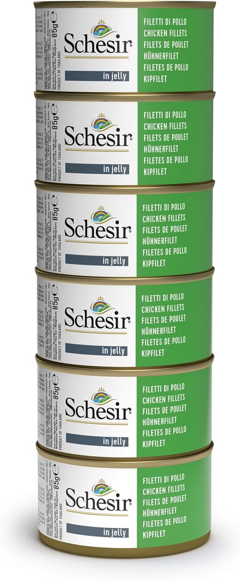 Comida húmeda para gatos adultos, filetes de pollo en filetes y gelatina 100% natural, pack de 6 cajas x 85g