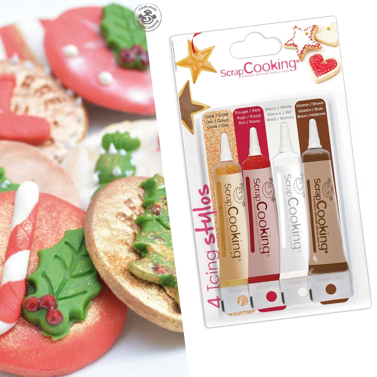 Scrapcooking - Rotuladores de 4 piezas: dorado, chocolate, blanco y rojo - Bolígrafos decorativos comestibles para escribir y dibujar en postres, pasteles y galletas