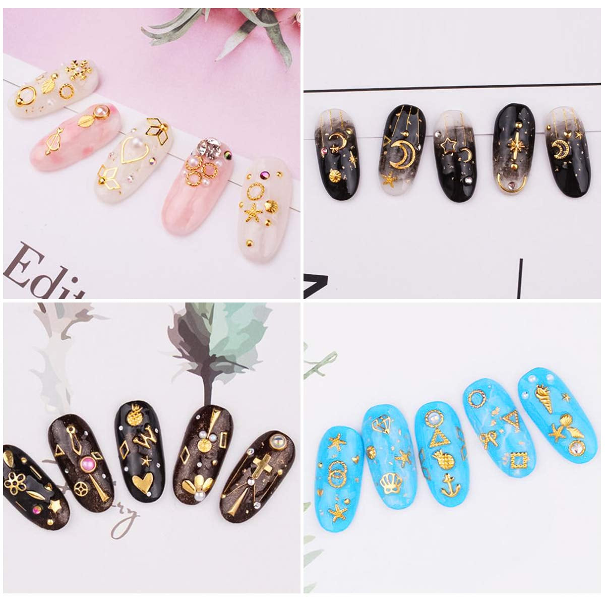 4 Cajas Nagel Art Strass, Decoraciones 3D Nagel Art, Mix Größe Nagel Perlen Glitter Strass Gold Metall Hohlniet Nagelkunst Stern Mond Sonne Nagel Zubehör Für DIY Nageldesign