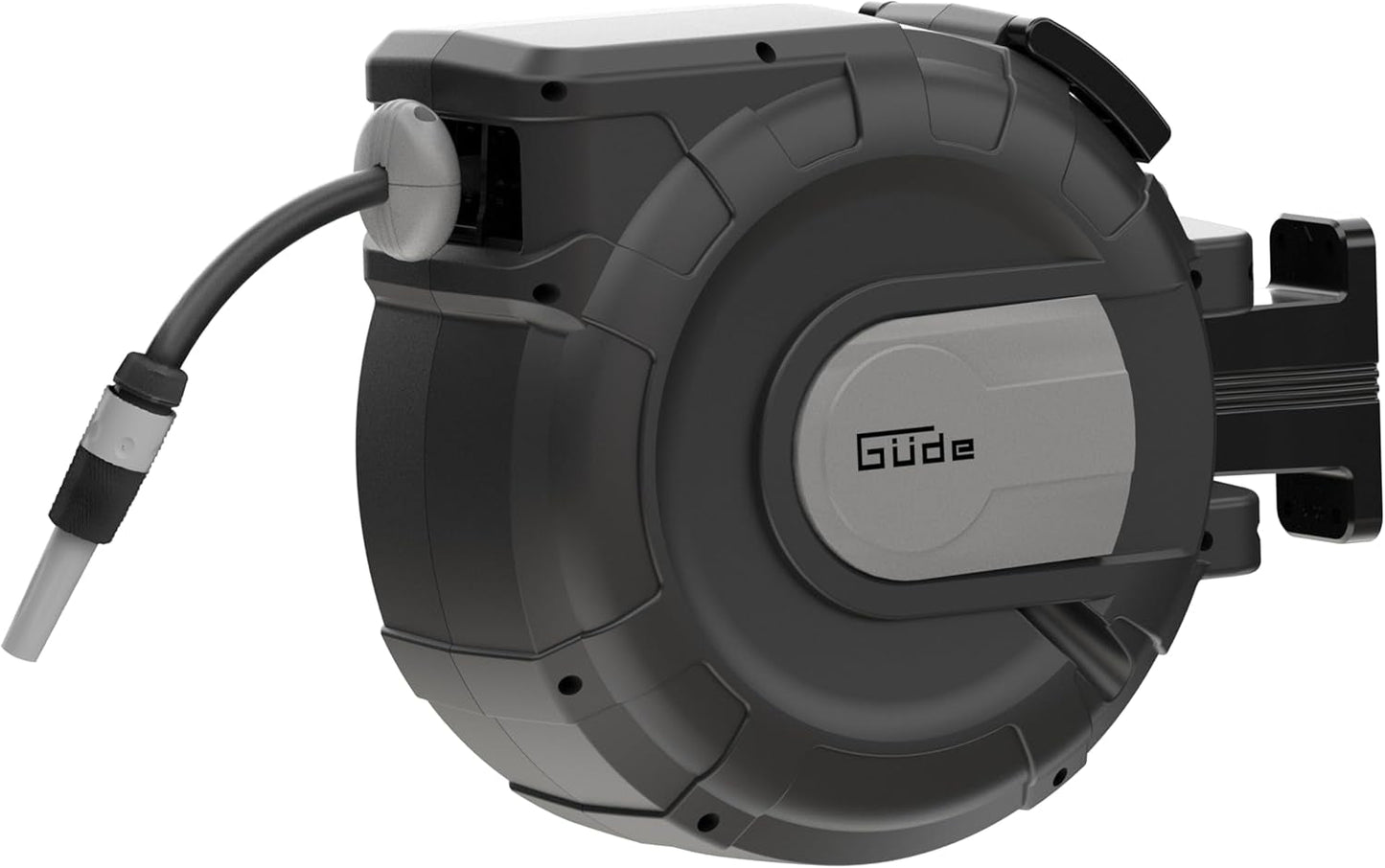 Enrollador de manguera automático Güde 30-2-2 1/2 (rotación 180°, para montaje en pared, manguera de 30 m, rociador de agua, soporte de pared, retracción automática, tope de retracción, asa de transporte, 2 enchufes rápidos)
