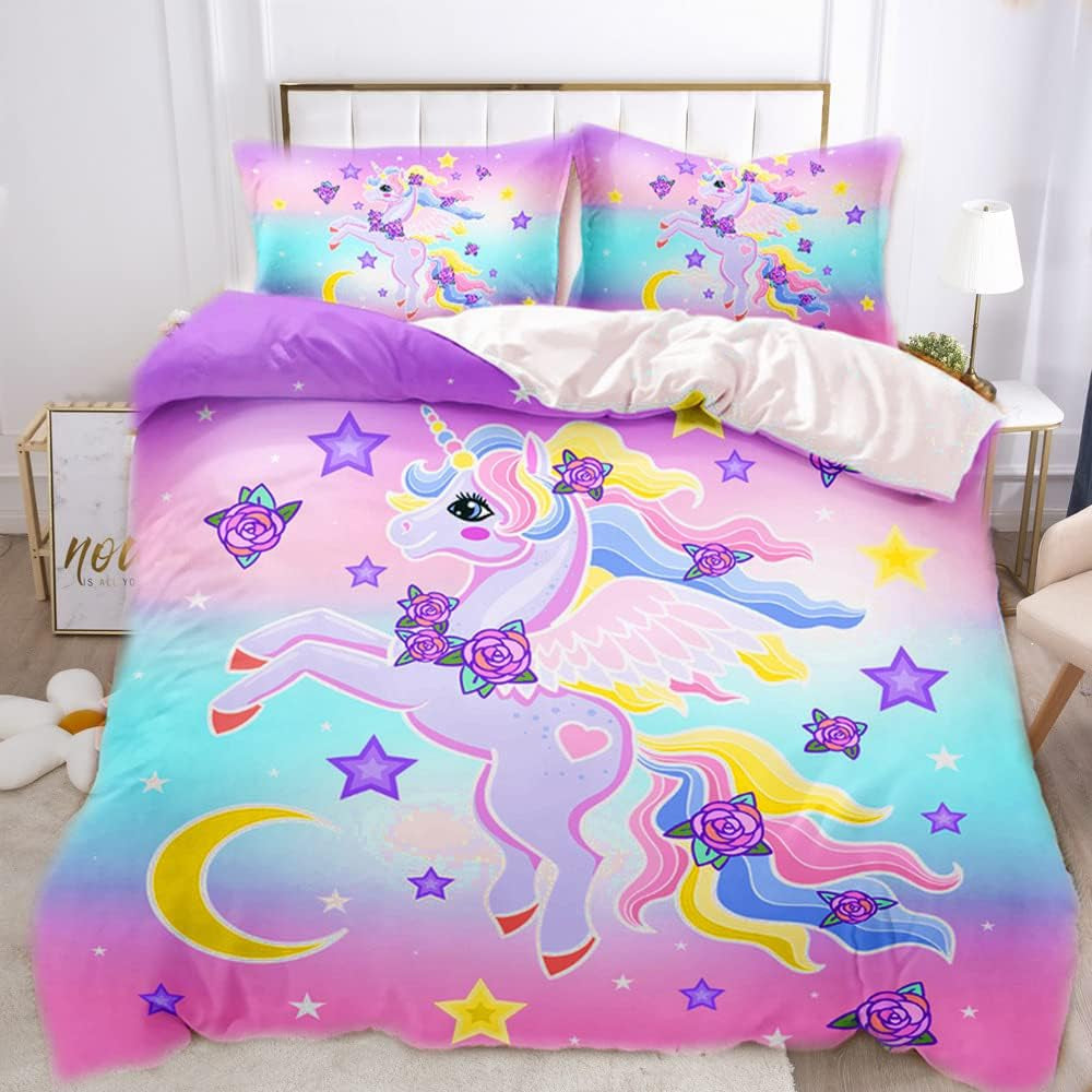 Ropa de cama para niña, Unicornio, 2 fundas de almohada Ropa de cama infantil Naty Shop Unicornio arcoiris multicolor 135×200 Cm