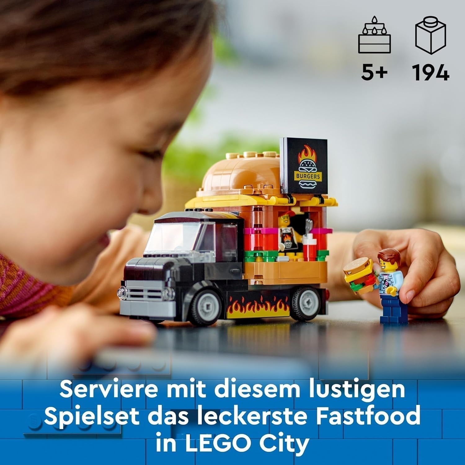 LEGO City Set de Construcción del Camión de Hamburguesas con Coche de Juguete para Niños de 5 Años, Minifigura de Camión de Comida y Accesorios, Regalo Divertido para Niños y Niñas 60404 Juegos de Construcción Besuche den LEGO-Store
