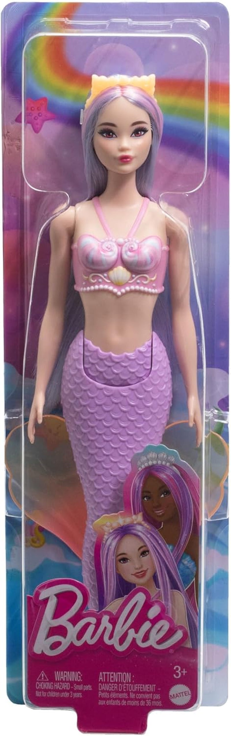 Muñeca Barbie Sirena con Diadema y Cabello Elegante Rosa y Lila, Top de Concha y Aleta de Cola Azul Lavanda, HRR06 Naty Shop Muñecas