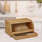 Relaxdays Panera con ruedas y cajón, bambú, Al x An x P: 21 x 40,5 x 28 cm, madera natural y tabla de cortar de bambú, aprox. 3 x 37 x 21,5 cm Tabla de cortar con bandeja recogemigas para facilitar la limpieza natural Cajas para guardar alimentos Naty Shop