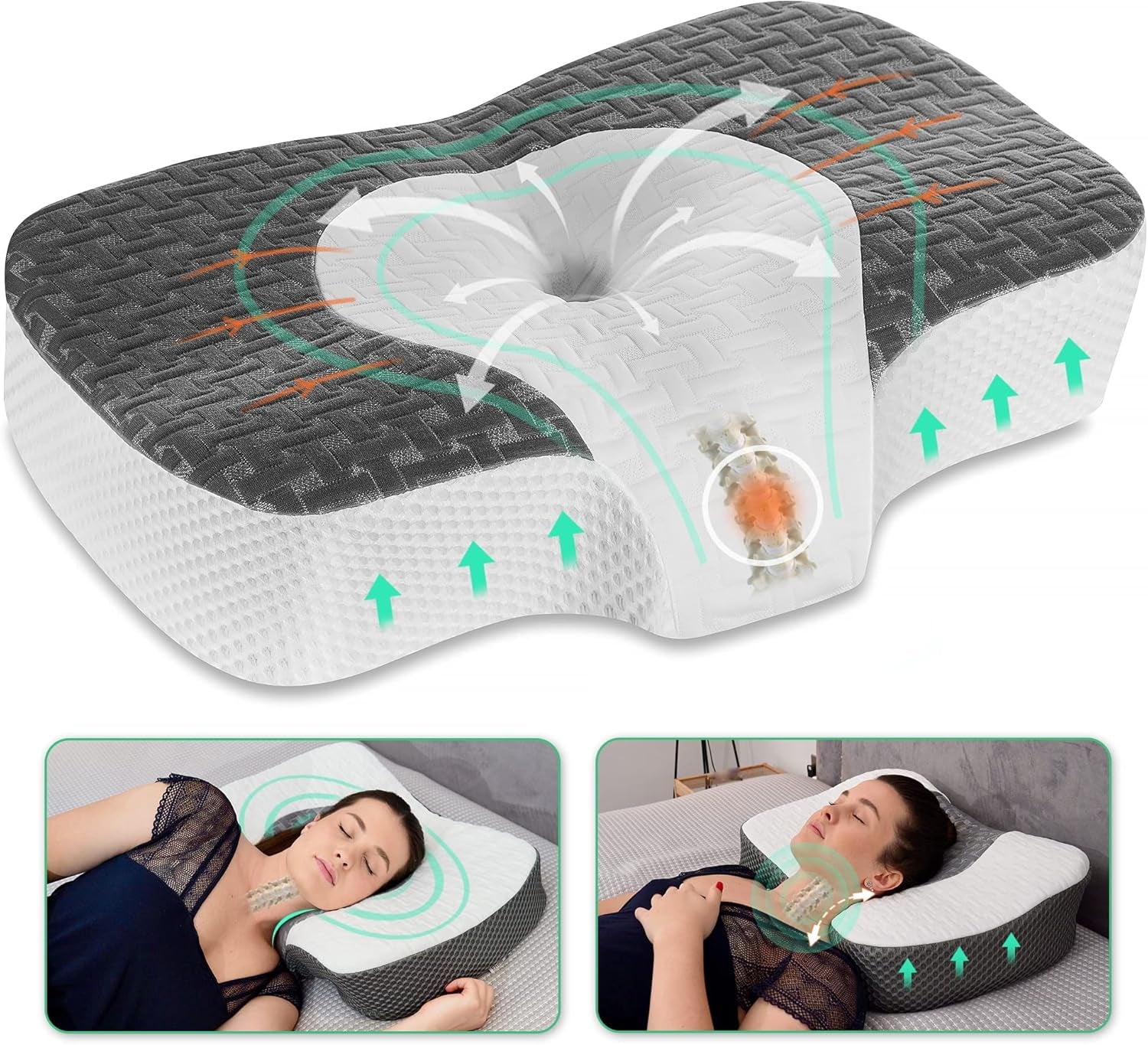 Elviros Almohada Ortopédica Viscoelástica, Almohada para el Dolor de Cuello, Almohada para Dormir, Almohada Ergonómica para el Cuello, Almohada de Apoyo para el Cuello, Almohada Antirronquidos para Dormir de Lado, Dormir boca abajo, Blanco Naty Shop Almohadas Ortopédicas Cervicales Gris Oscuro 60 X 38,6 X 9,9/13,5 Cm