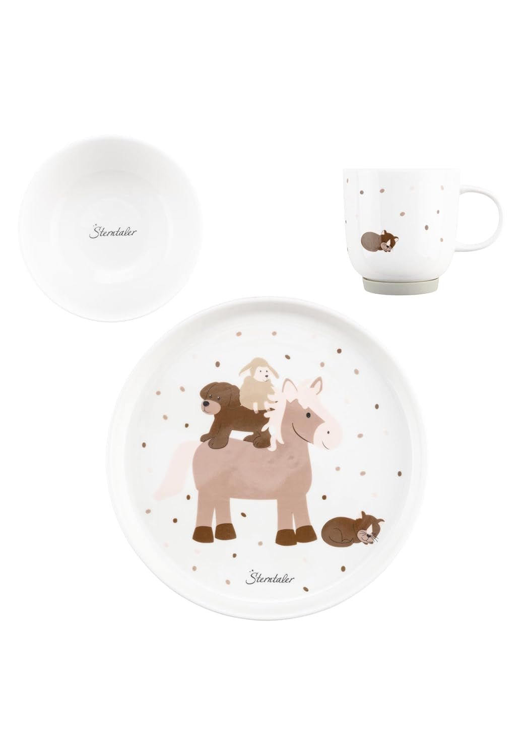 Sterntaler Vajilla de Porcelana Diseño Rústico - Vajilla con Base de Silicona Antideslizante y Desmontable - Vajilla para Bebés y Niños con Plato, Cuenco de 400ml y Taza de 200ml, Blanco