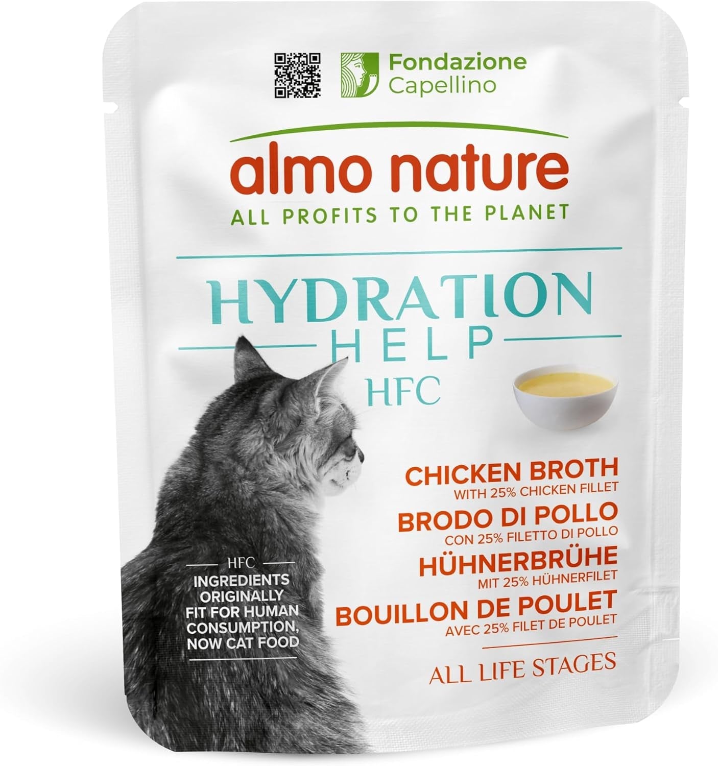 Almo Nature HFC Hydration Help Comida húmeda para gatos - Sopa de pollo y filetes de pollo - Apto para uso humano, Sin gluten, Monoproteína, 50 g, 24 piezas, 1,2 kg