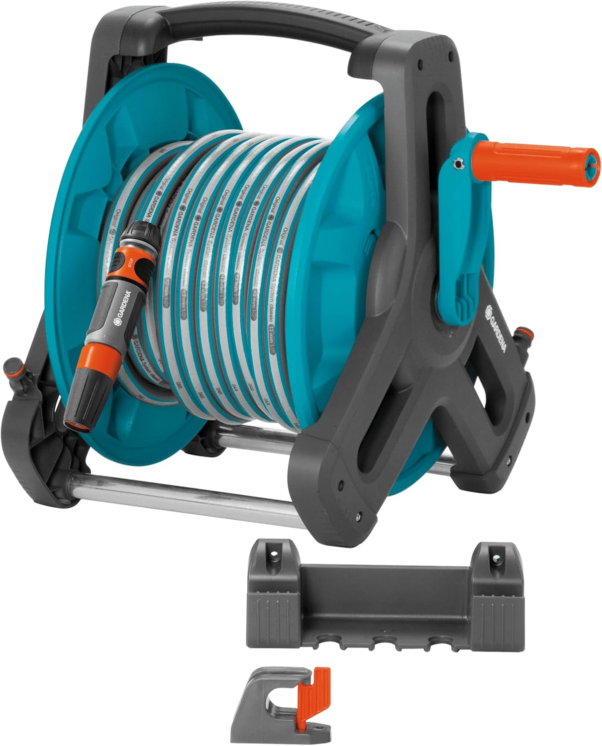 Gardena Classic Wall Hose Reel Set 50: Enrollador de manguera móvil, compacto, montable en la pared y extraíble en cualquier momento, con manguera de 20 m, boquilla pulverizadora y piezas de sistema (8009-20)