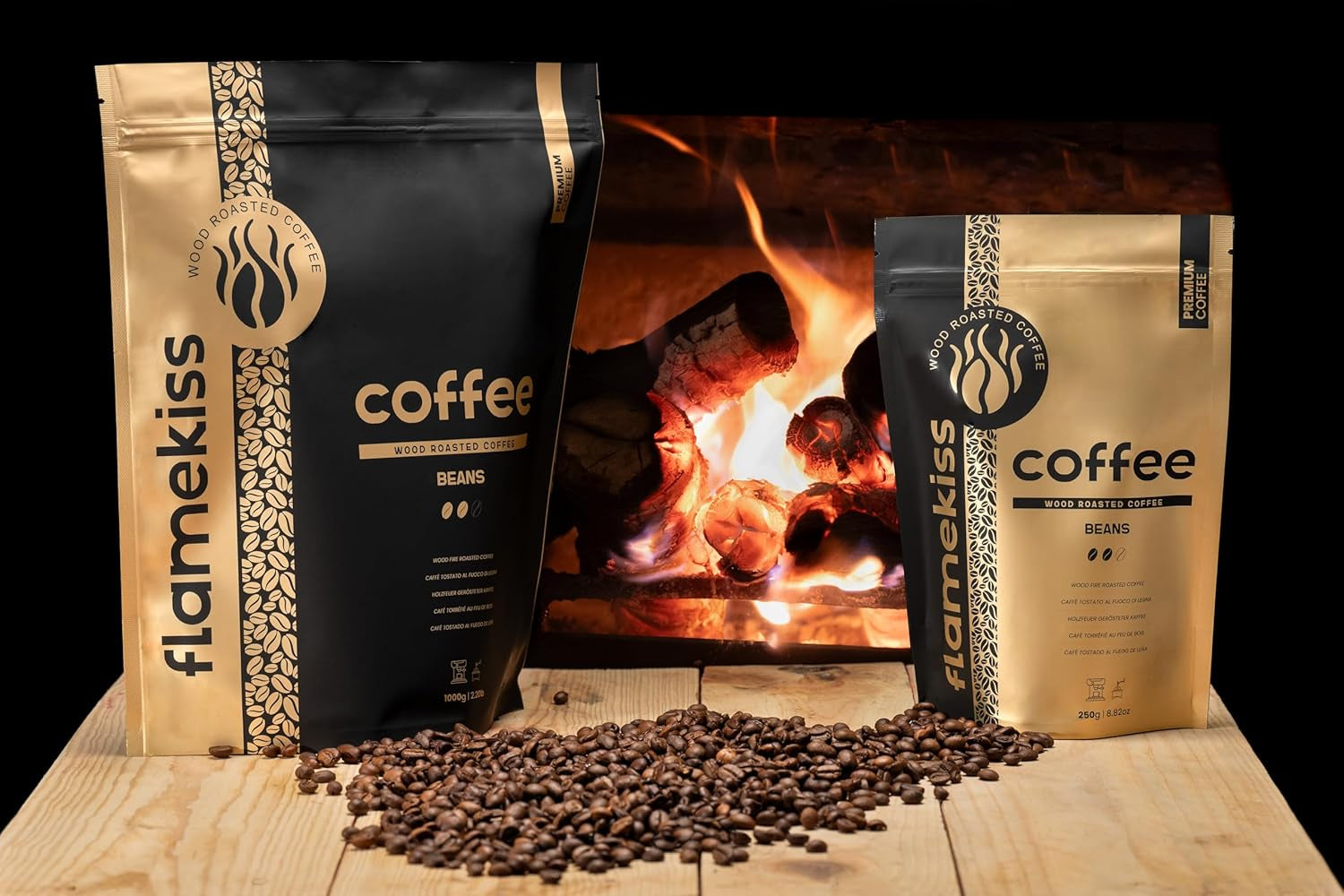 Café en grano 1 kg: granos de espresso Arábica y Robusta de alta calidad, tostados a mano sobre fuego de leña para una experiencia rica y aromática de café en grano entero.