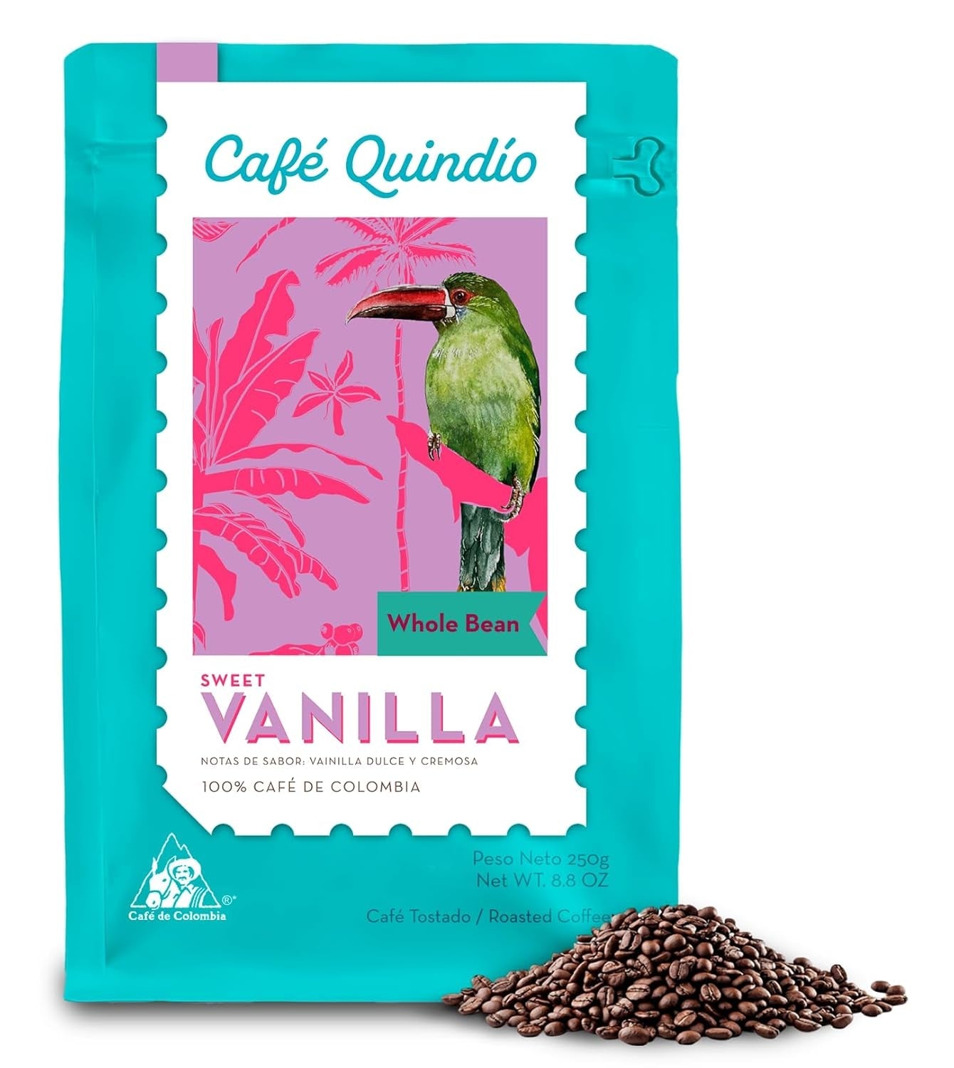 Café de Especialidad Café Quindío - 100% granos de café Arábica, Colombia - con notas naturales de vainilla dulce (250g) - ideal para café filtrado, máquinas portafiltro o prensa francesa