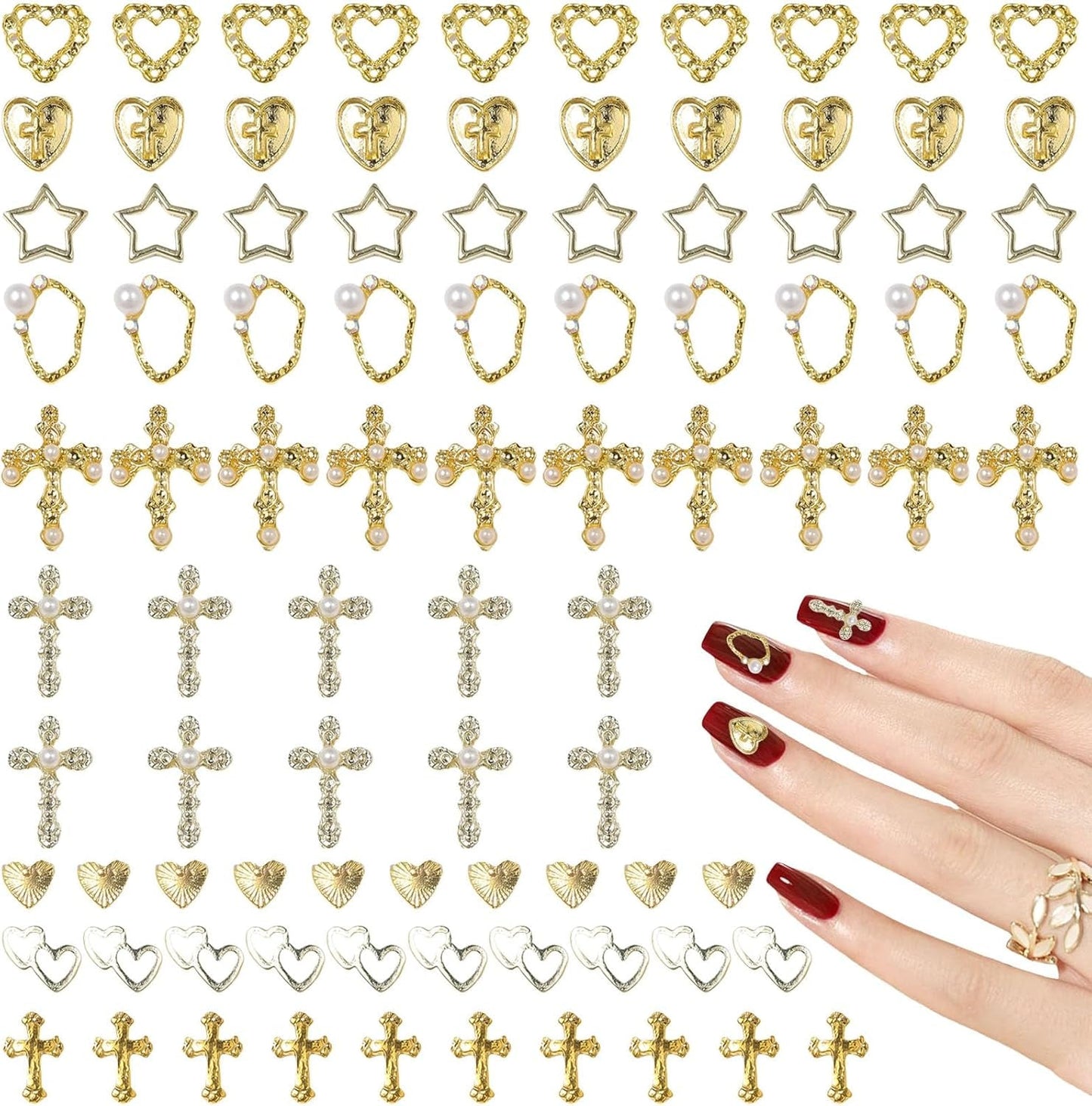 Dijes de uñas dorados, 80 piezas, cruz, corazón de rosa, gemas de uñas de la Virgen María, accesorios de uñas de aleación de metal para decoraciones de diseño de manicura, manualidades DIY