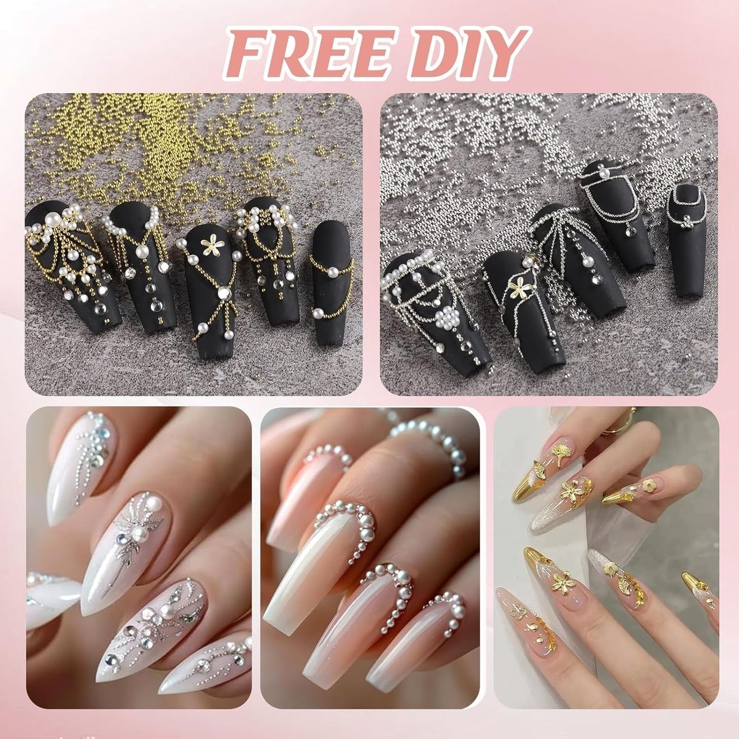 Juego de 4 cajas de llaveros para uñas - 48 tipos de llaveros para uñas 3D dorados y plateados (mariposas, flores, perlas, etc.) + pinzas y bolígrafo - Para uñas acrílicas y de gel DIY | Ideal para salón de uñas y hogar.