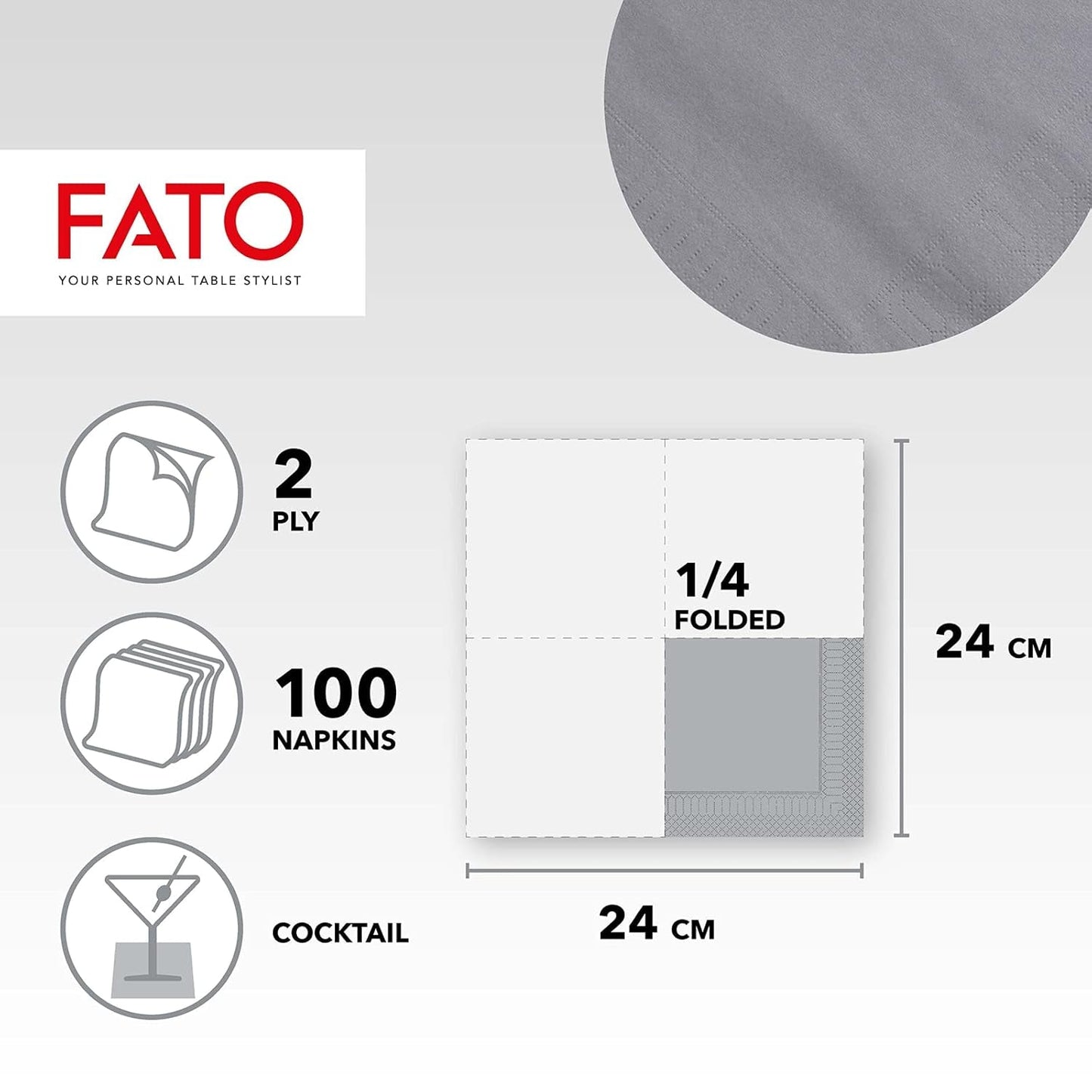 - Servilletas de papel desechables, Ideales para aperitivos y cócteles, Paquete de 100 servilletas, Tamaño 24X24, Plegado 4 veces, 2 capas, Color Gris, Papel 100% pura celulosa, Certificado Fsc