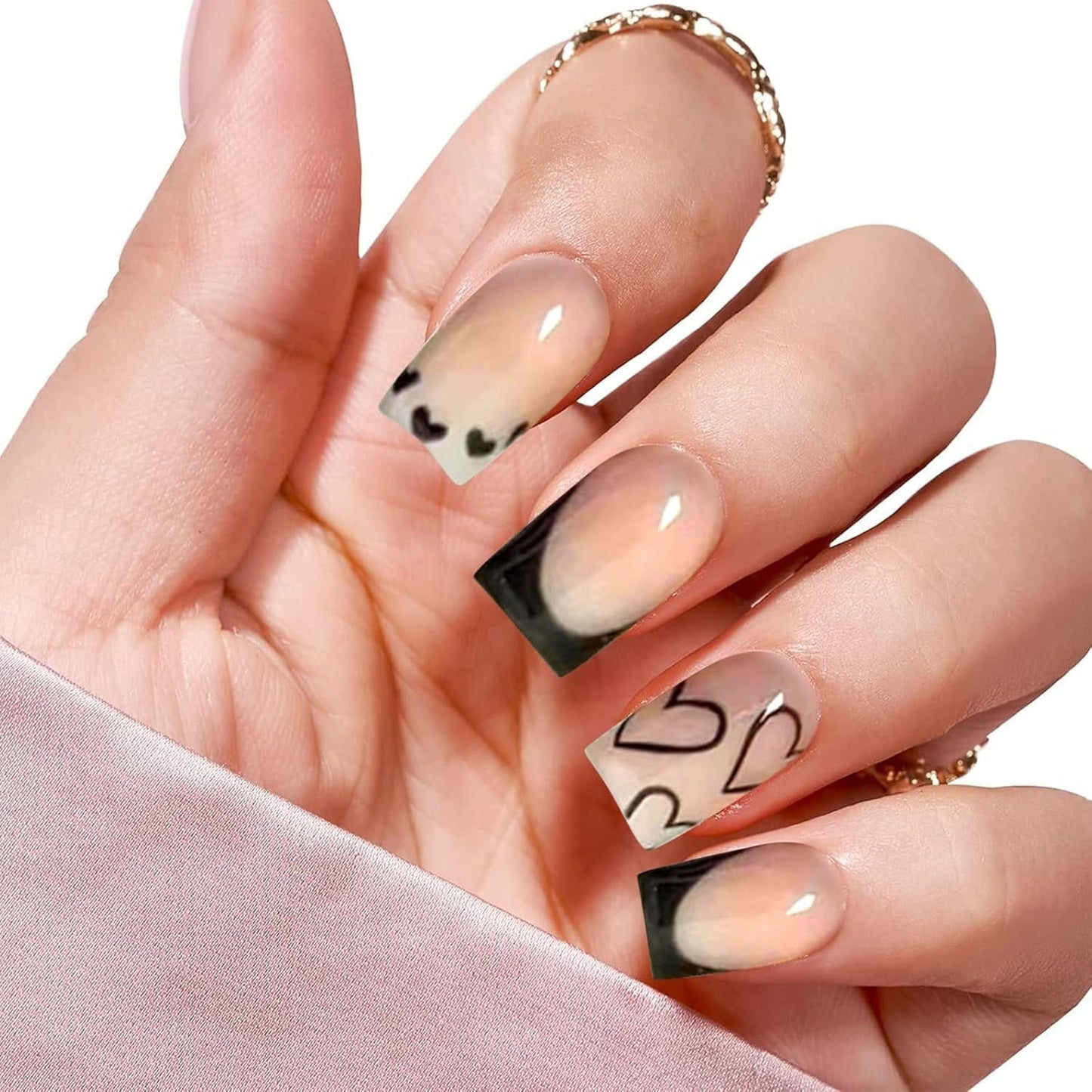 24 Uds. Uñas postizas con punta francesa cuadrada corta, diseño de corazón blanco, uñas acrílicas negras, cubierta completa