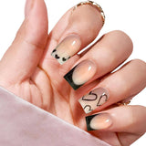 24 Uds. Uñas postizas con punta francesa cuadrada corta, diseño de corazón blanco, uñas acrílicas negras, cubierta completa