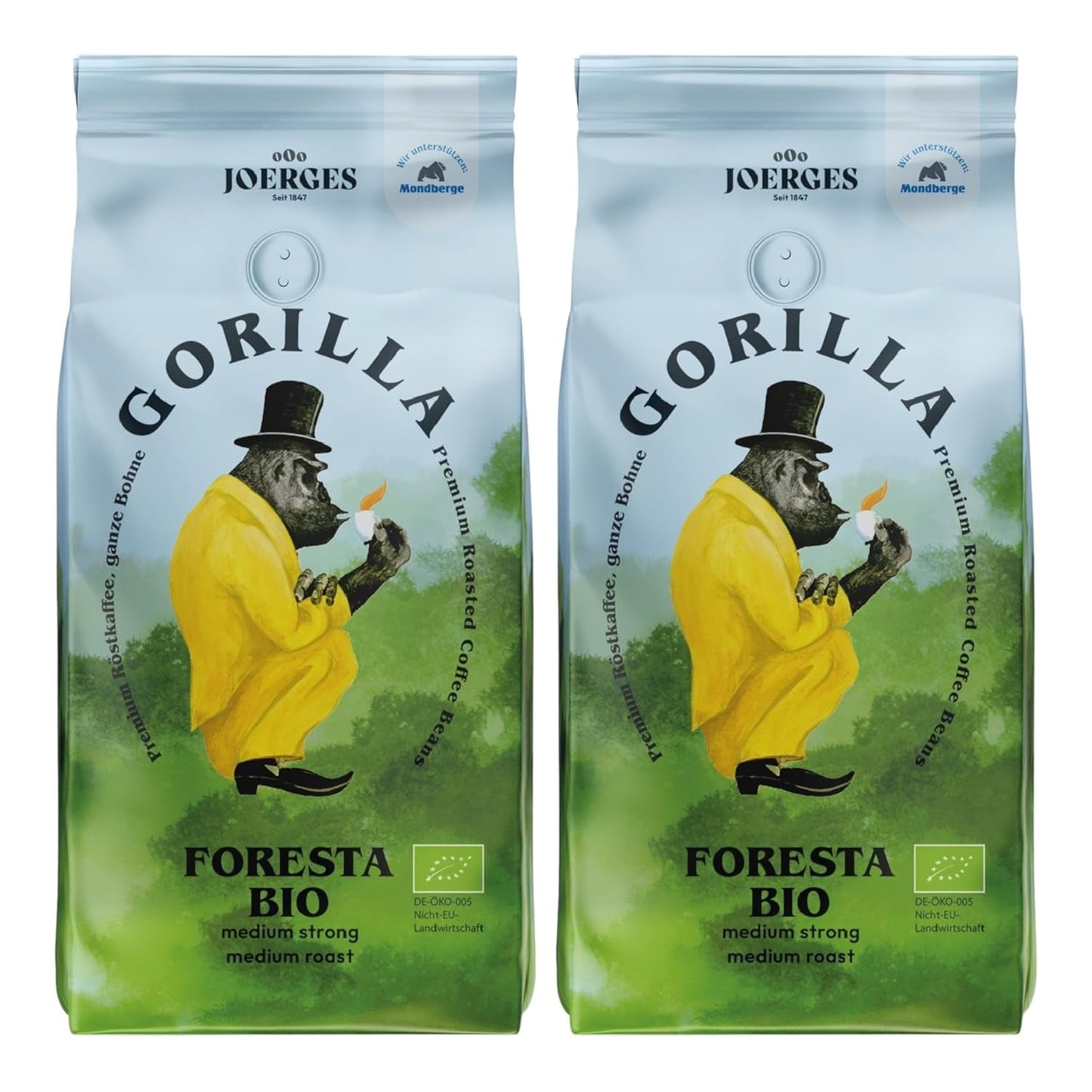 Café Gorilla Foresta, paquete doble, 2 x 1 kg, granos tostados | Mezcla de Arábica, granos enteros | Cafetera espresso con portafiltro totalmente automática | café expreso