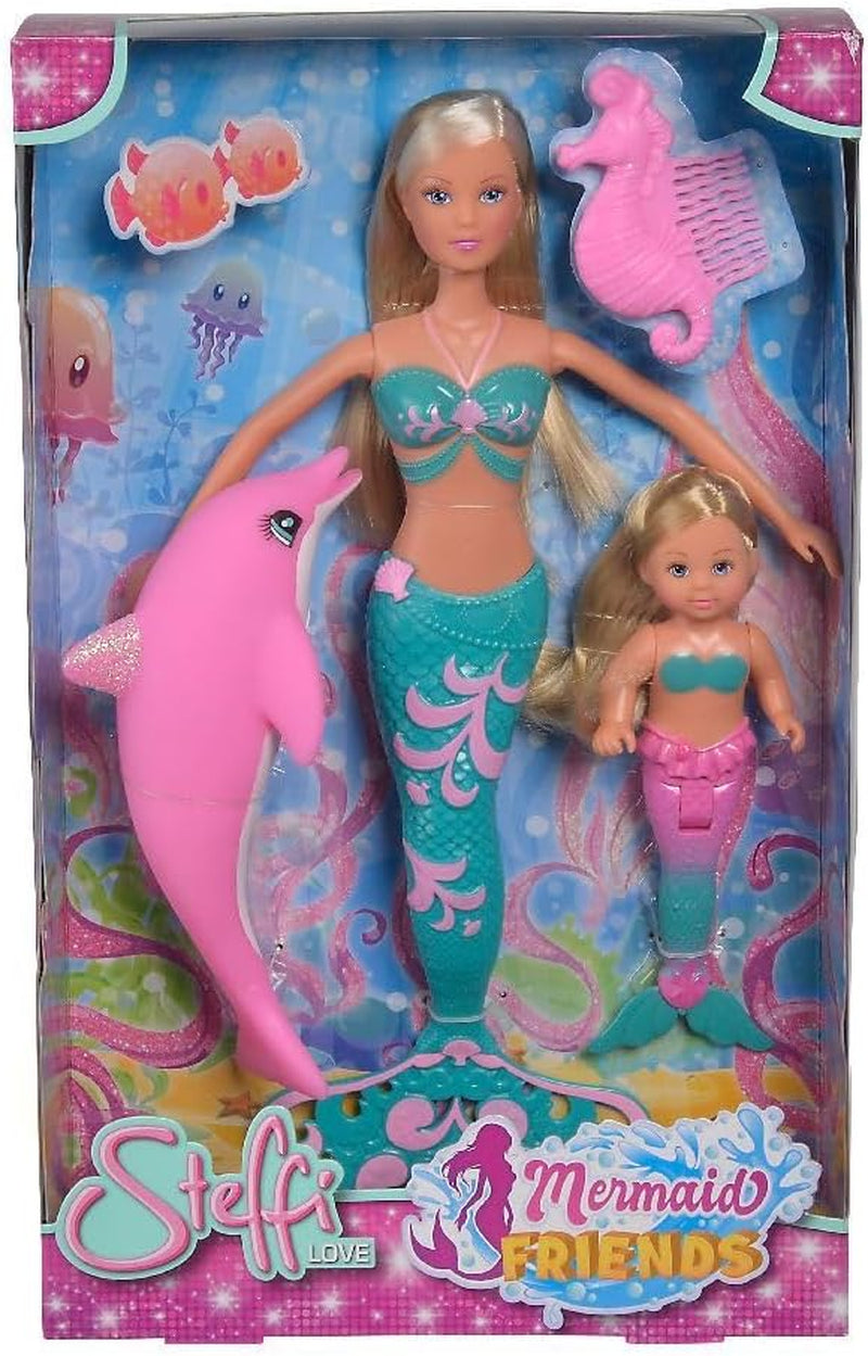 Simba 105733336 - Steffi LOVE Mermaid Friends Muñeca Sirena Mágica con Hermana Evi Figura de Delfín y Más Juguete para Niños Muñecas de 3 años en adelante Naty Shop Single