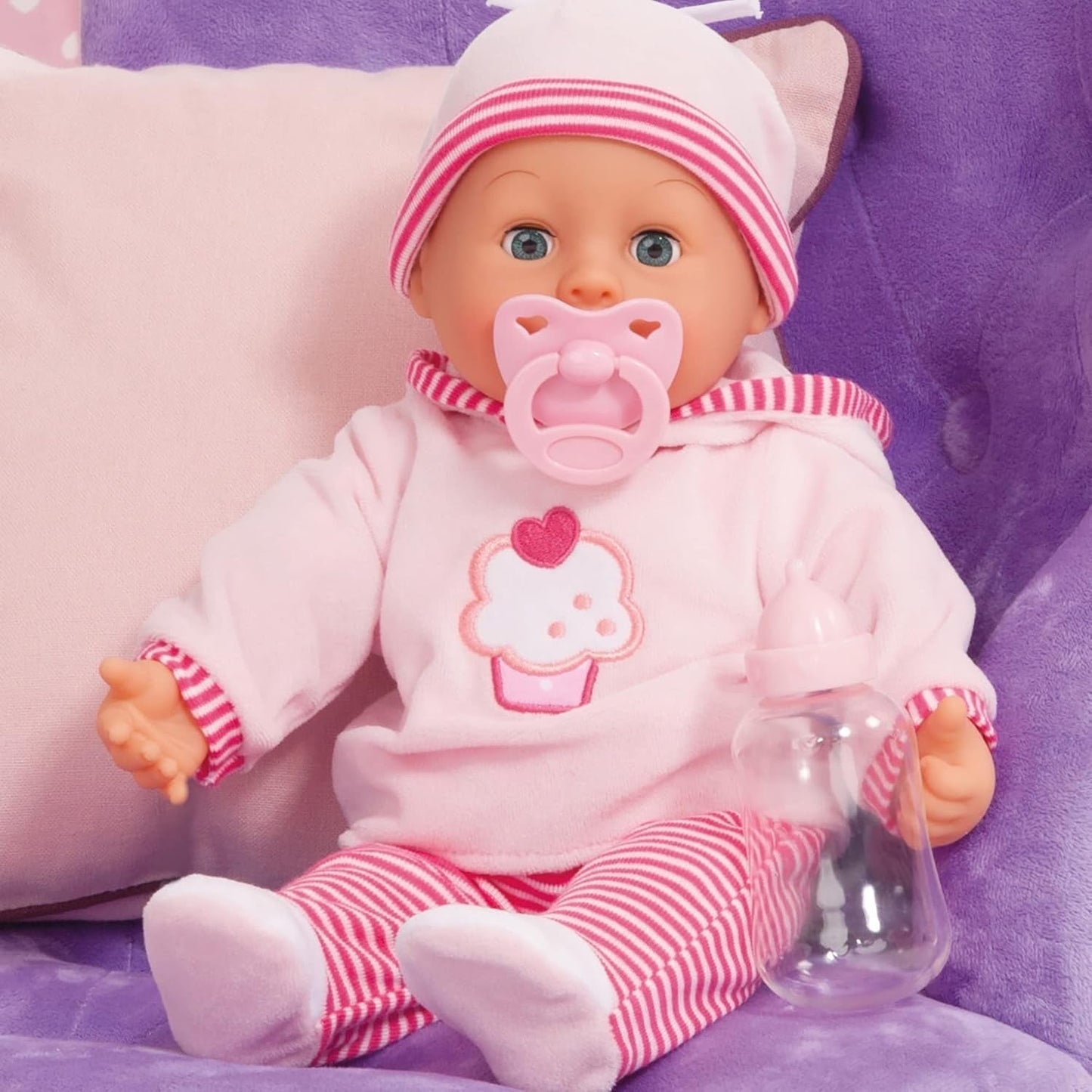 Muñeca First Words con ojos soñolientos, habla 24 sonidos de bebé, con muñeco y biberón, 38 cm, rosa/rayas Naty Shop Muñecas