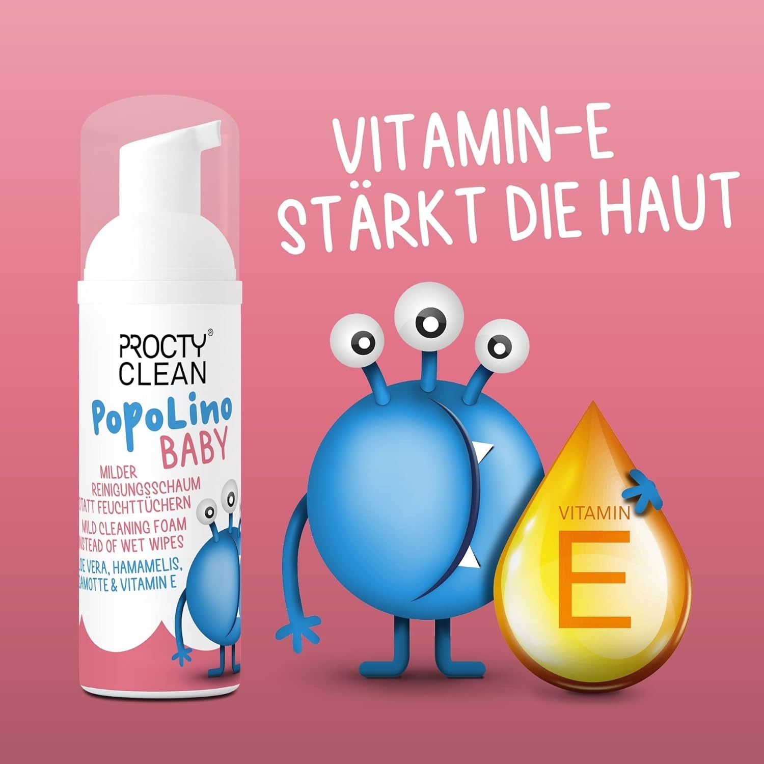 Espuma de fondo suave PopoLino Baby en lugar de toallitas húmedas para bebés. Vegan and natural cosmetic cleansing foam! Espuma para culitos con aloe vera, hamamelis, bergamota y vitamina E. Hace felices los culitos y el medio ambiente.