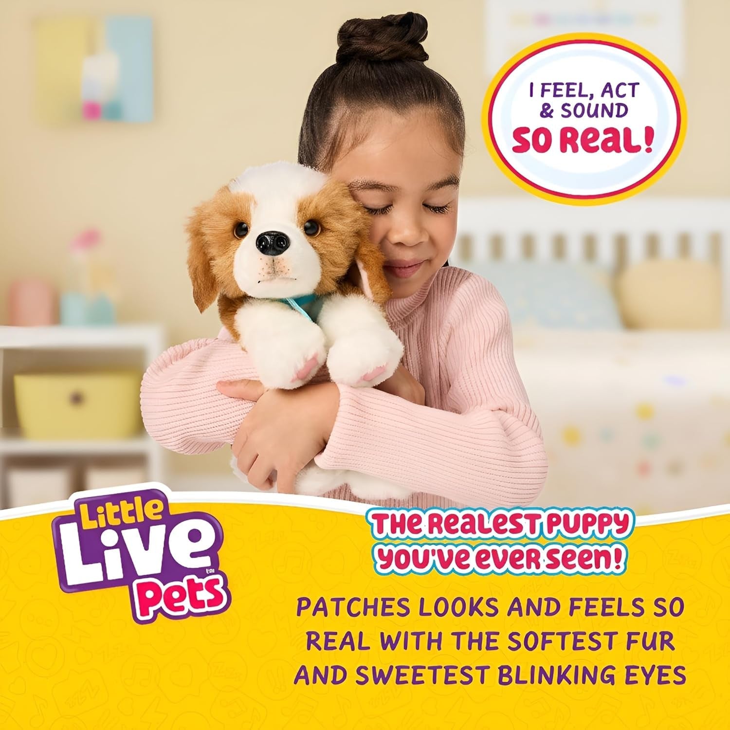 Little Live Pets Mi cachorro realmente real - Parches; Cachorro interactivo; más de 60 sonidos/reacciones; apariencia realista; 1 de 72 variantes; set de juego con bolsa de transporte; pilas incluidas; edades 5+