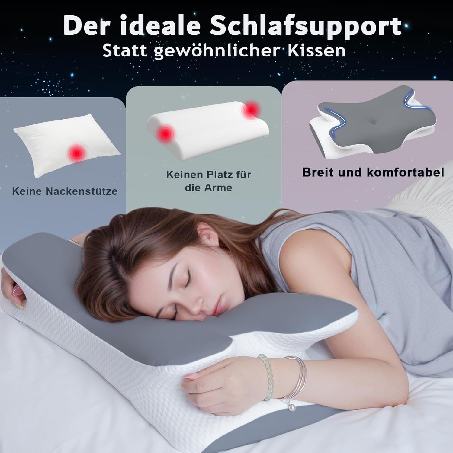 Almohada viscoelástica Almohada para el cuello Almohada ortopédica: diseño ergonómico Forma hueca para personas que duermen de lado, boca arriba y boca abajo Gris Almohadas ortopédicas cervicales Naty Shop