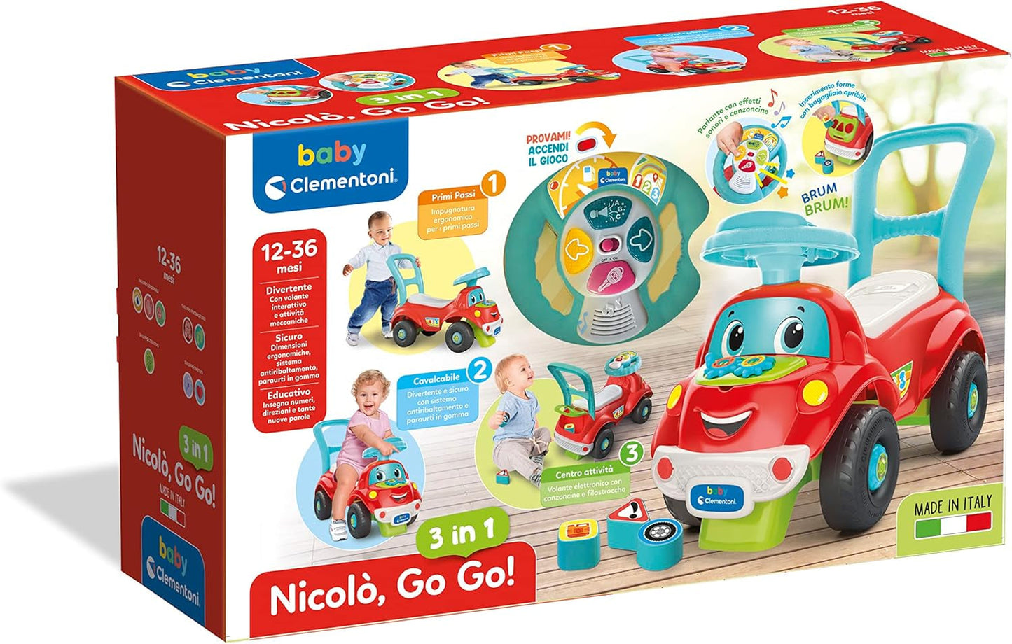 Clementoni - 17747 - Nicolò Go Go 3 en 1 - Coche de montar, altavoz electrónico de aprendizaje, primeros pasos, luces y sonidos, juego para niños de 1 año - Made in Italy Bebe Toys Naty Shop