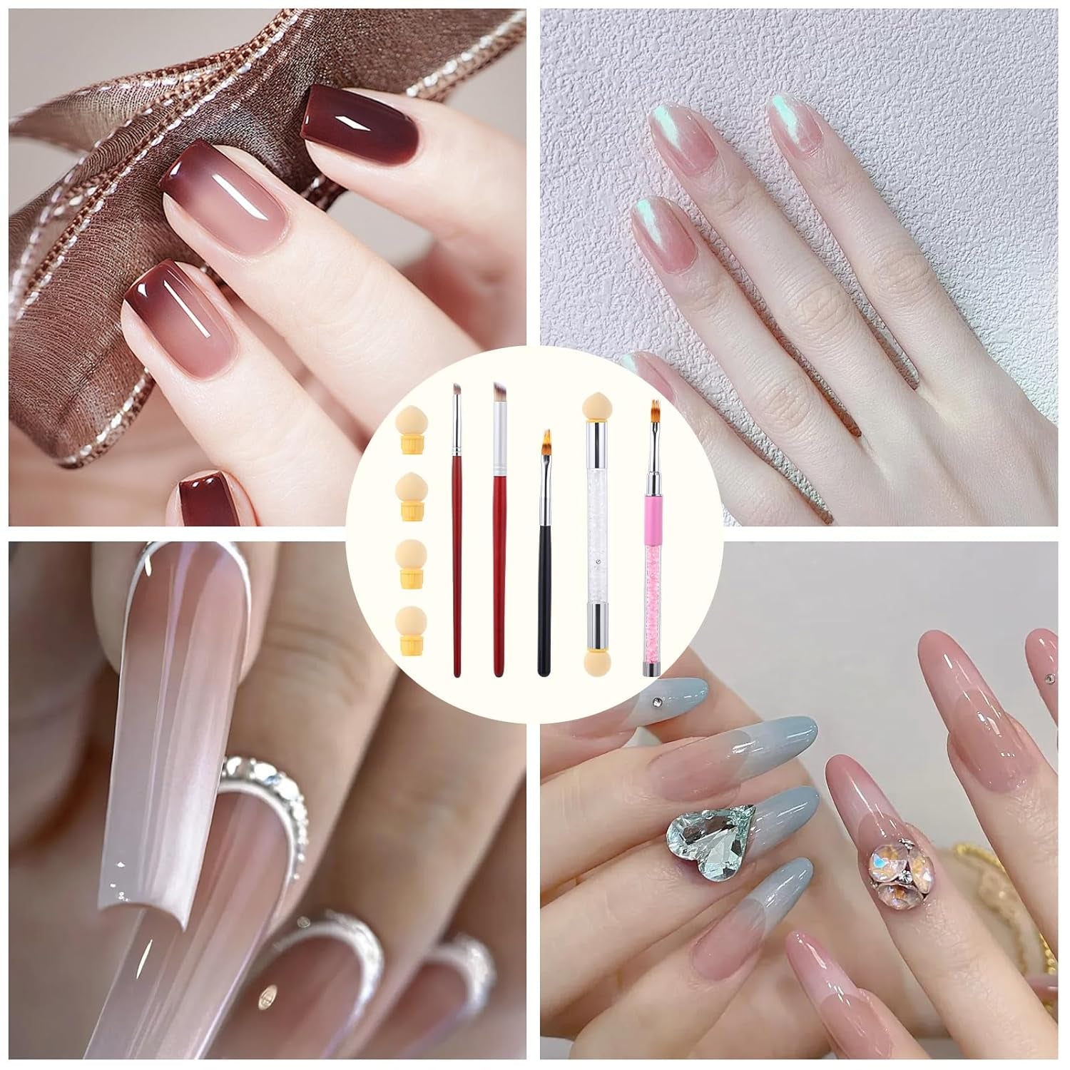 Nail Art Rendering-Werkzeuge Schwamm Undtupfpinsel, aplicador de cepillo de esponja, Doppelter Kopf Ombre Sponge Stick con 4 Ersatzköpfe, Nail Art Schwamm Und Tupfpinsel, Ombre Nagelpinsel para gel