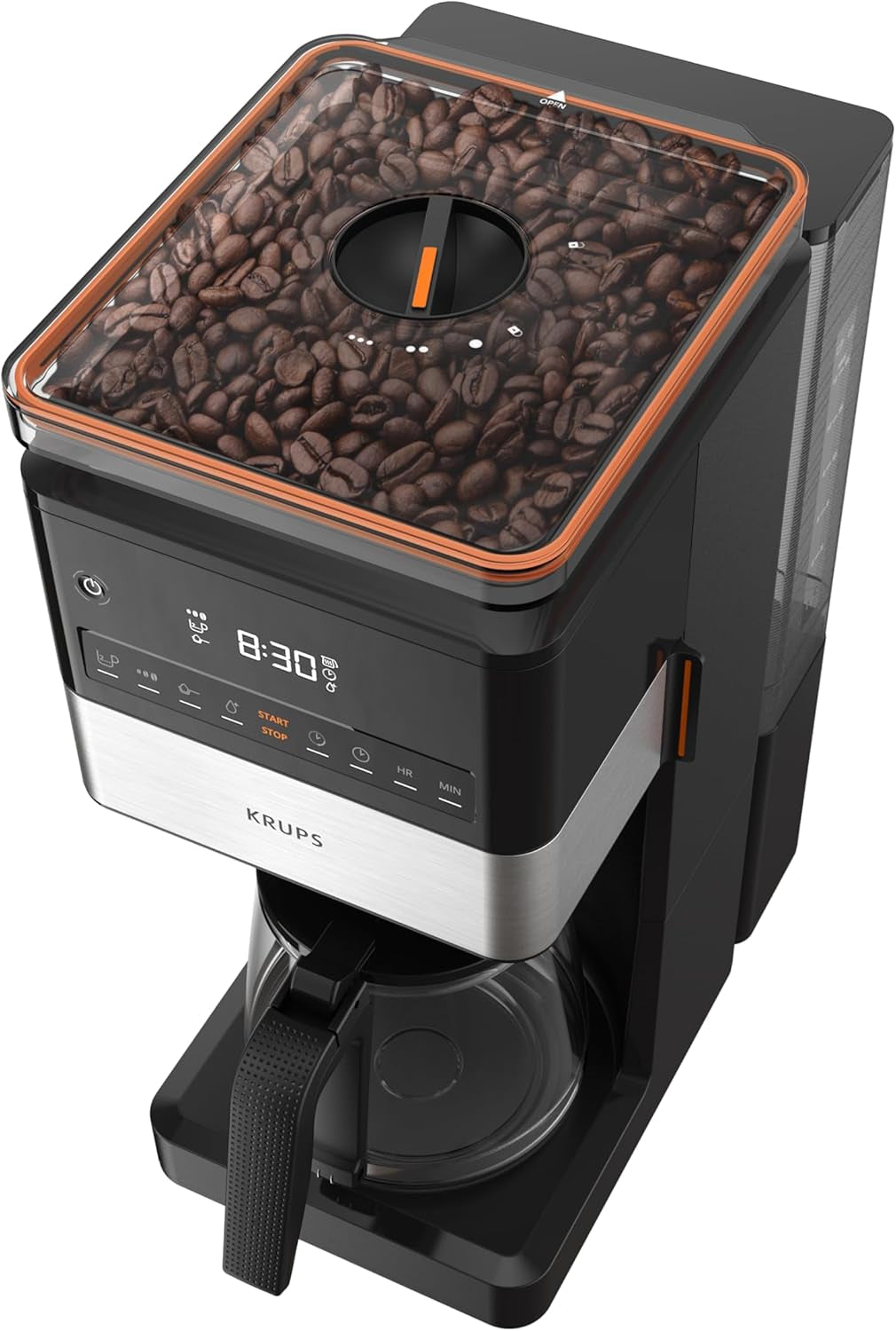 KRUPS Grind Aroma XL Cafetera espresso, Molinillo cónico desmontable, Panel de control digital, Capacidad XL (1,5 L), Función mantener caliente, Jarra de cristal, Negro/Acero inoxidable, KM842810